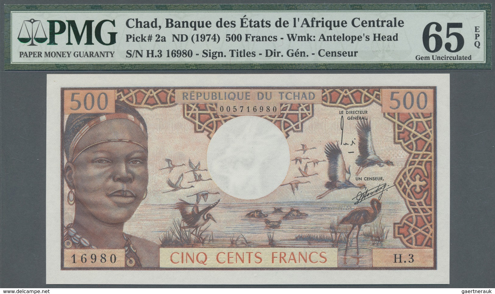 Chad / Tschad: 500 Francs ND(1974) P. 2a, Condition: PMG Graded 65 GEM UNC EPQ. - Chad