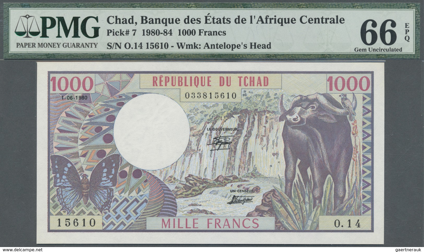 Chad / Tschad: 1000 Francs ND(1980-84) P. 7, Condition: PMG Graded 66 GEM UNC EPQ. - Chad