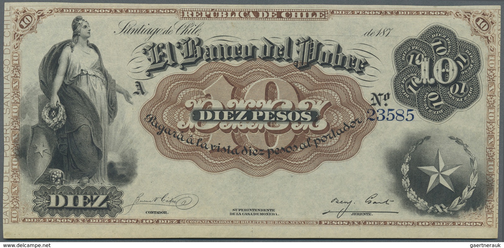 Chile: El Banco Del Pobre 10 Pesos 187x P. S363r, Remainder, Very Light Center Bend, Otherwise Perfe - Chile