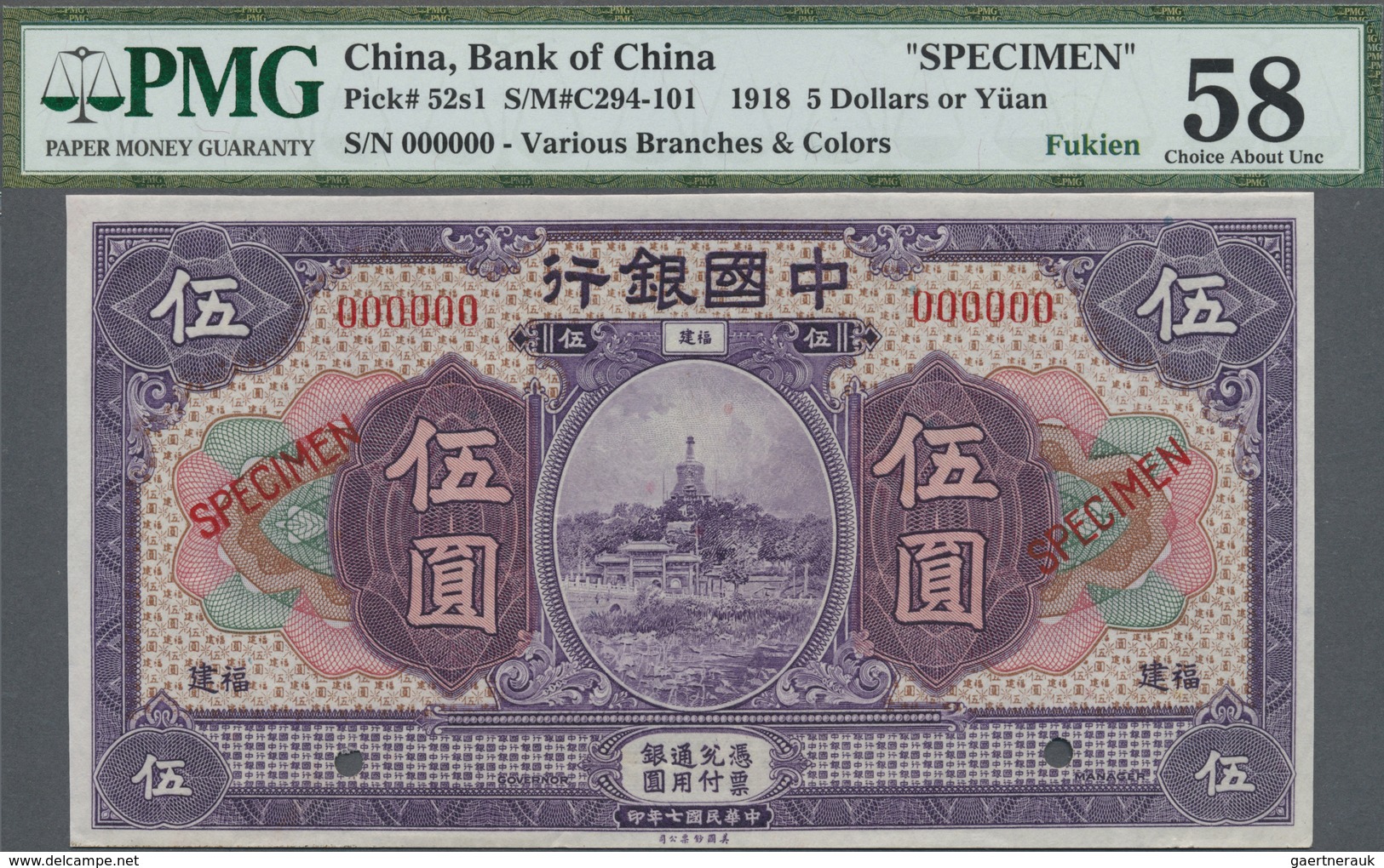 China: 5 Dollars / Yuan 1918 Specimen "FUKIEN" P. 52s1, Condition: PMG Graded 58 Choice About UNC. - China