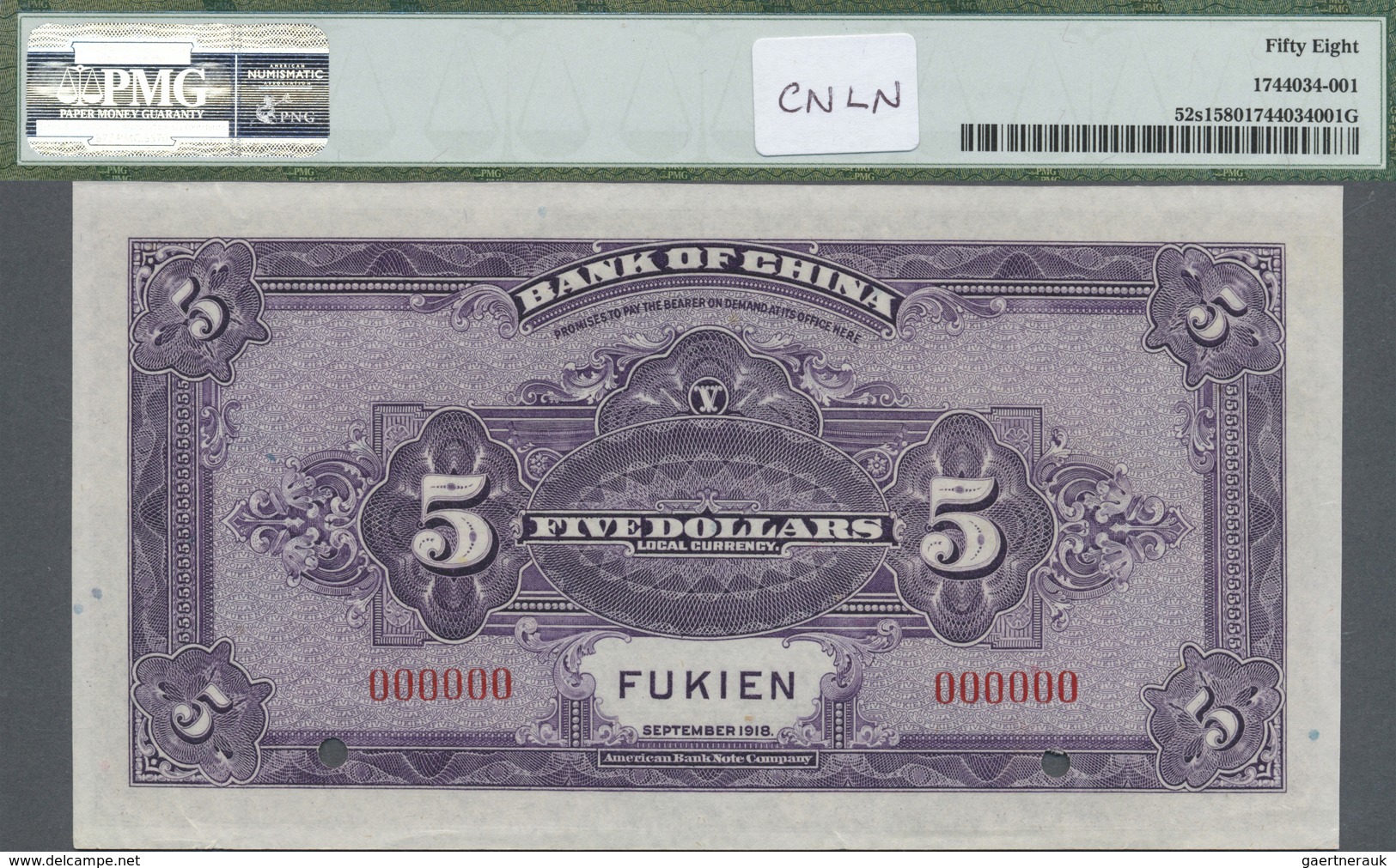 China: 5 Dollars / Yuan 1918 Specimen "FUKIEN" P. 52s1, Condition: PMG Graded 58 Choice About UNC. - China