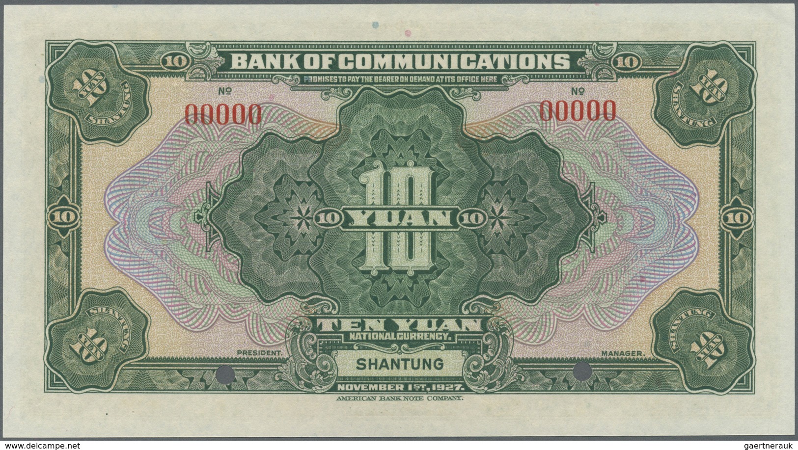 China: Bank Of Communications 10 Yuan 1927, Shantung Branch SPECIMEN, P.147Bs With A Tiny Dint At Up - China