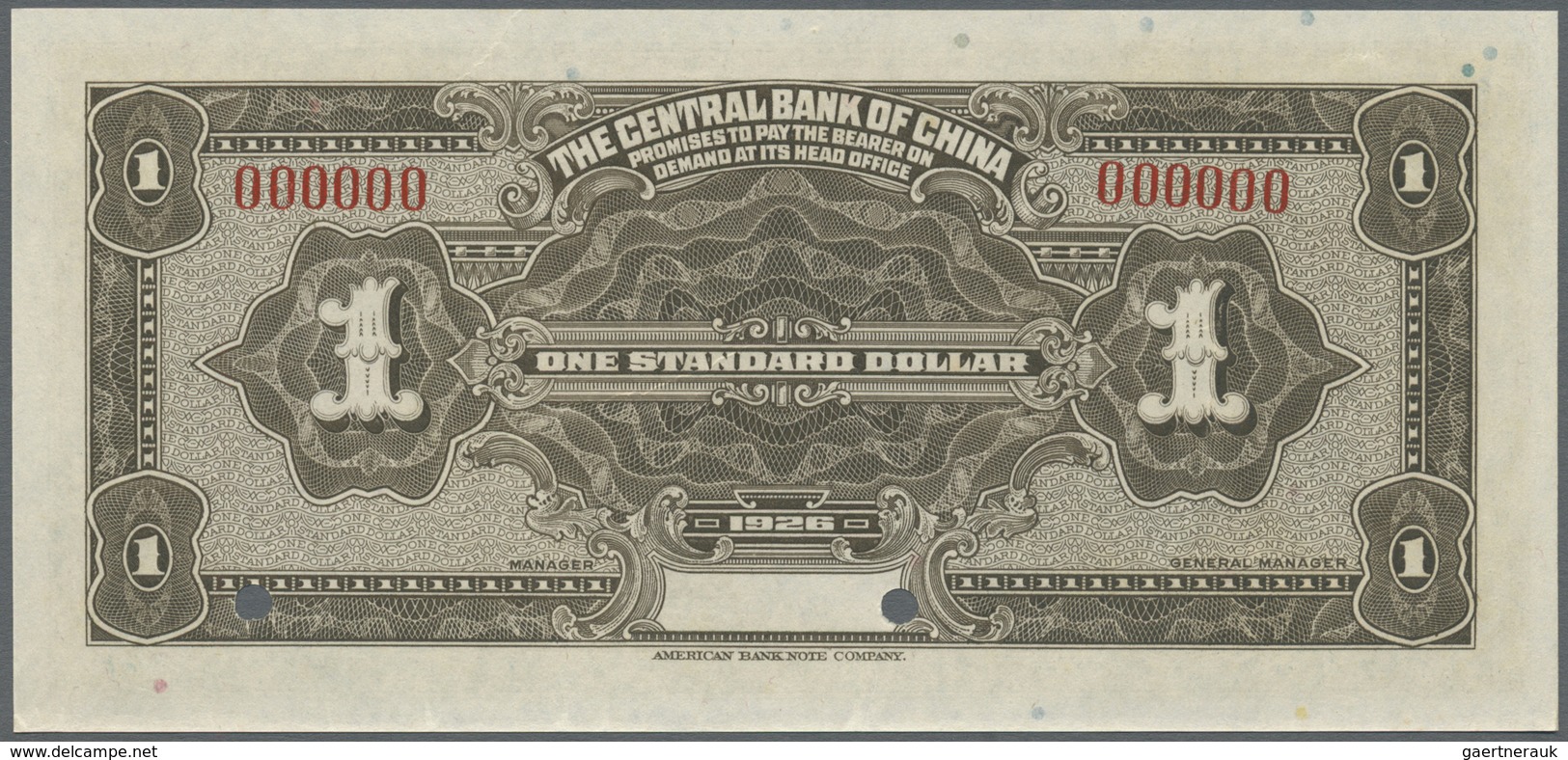 China: The Central Bank Of China 1 Dollar 1926 Specimen P. 182 In Condition: UNC. - China