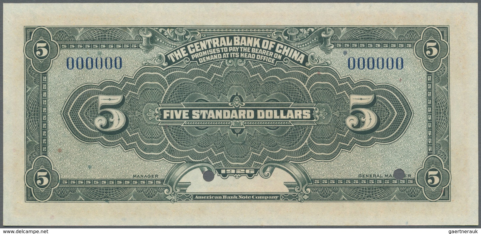 China: The Central Bank Of China 5 Dollars 1926 Specimen P. 183s In Condition: UNC. - China