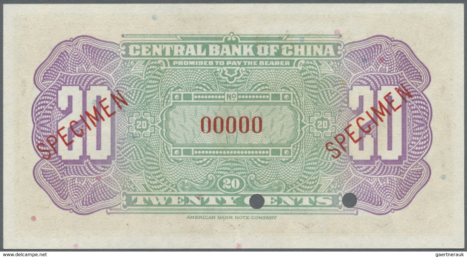 China: Set Of 2 Notes Central Bank Of China Containing 10 And 20 Cents ND P. 193s, 194s Specimen, Bo - China