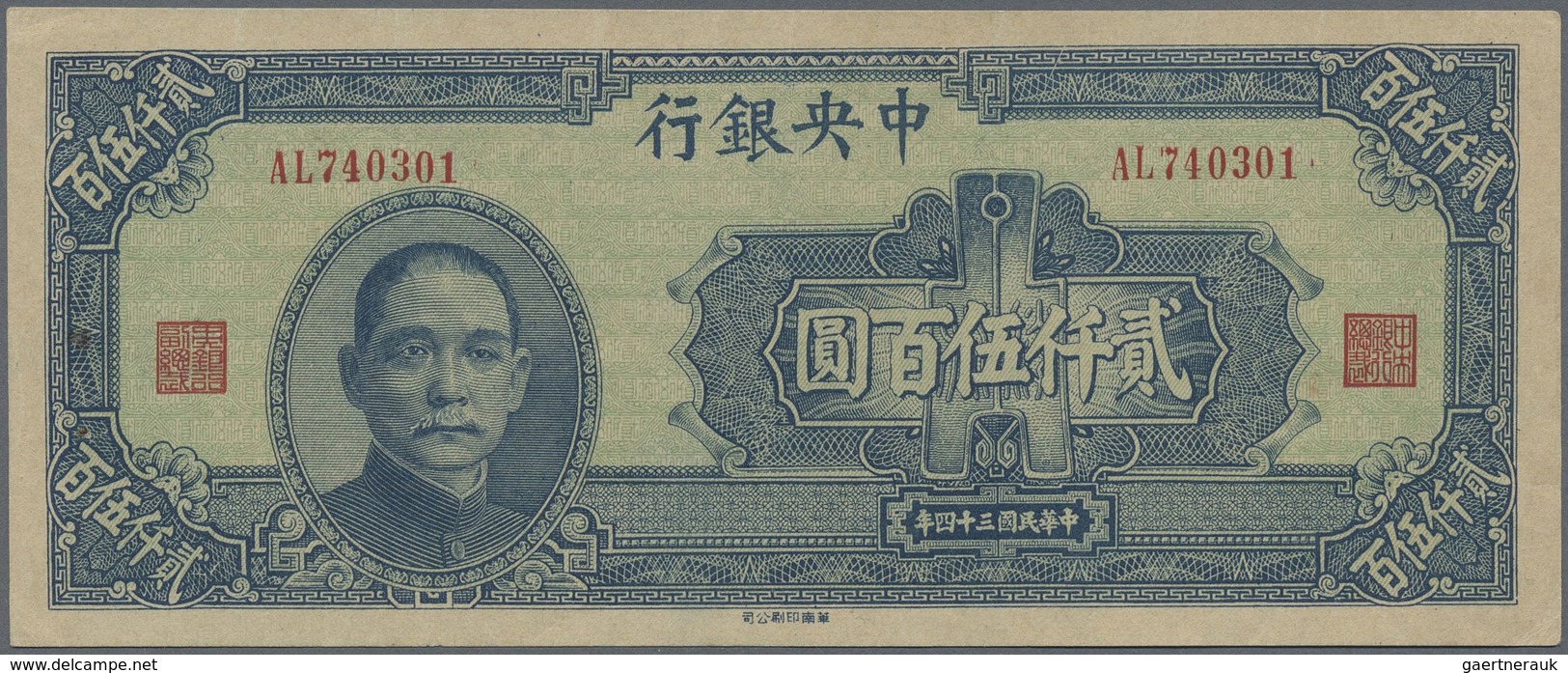 China: Seldom Seen 2500 Yuan 1945 P. 304, Unfolded, Light Dints At Upper Border, 2 Pinholes At Left, - China