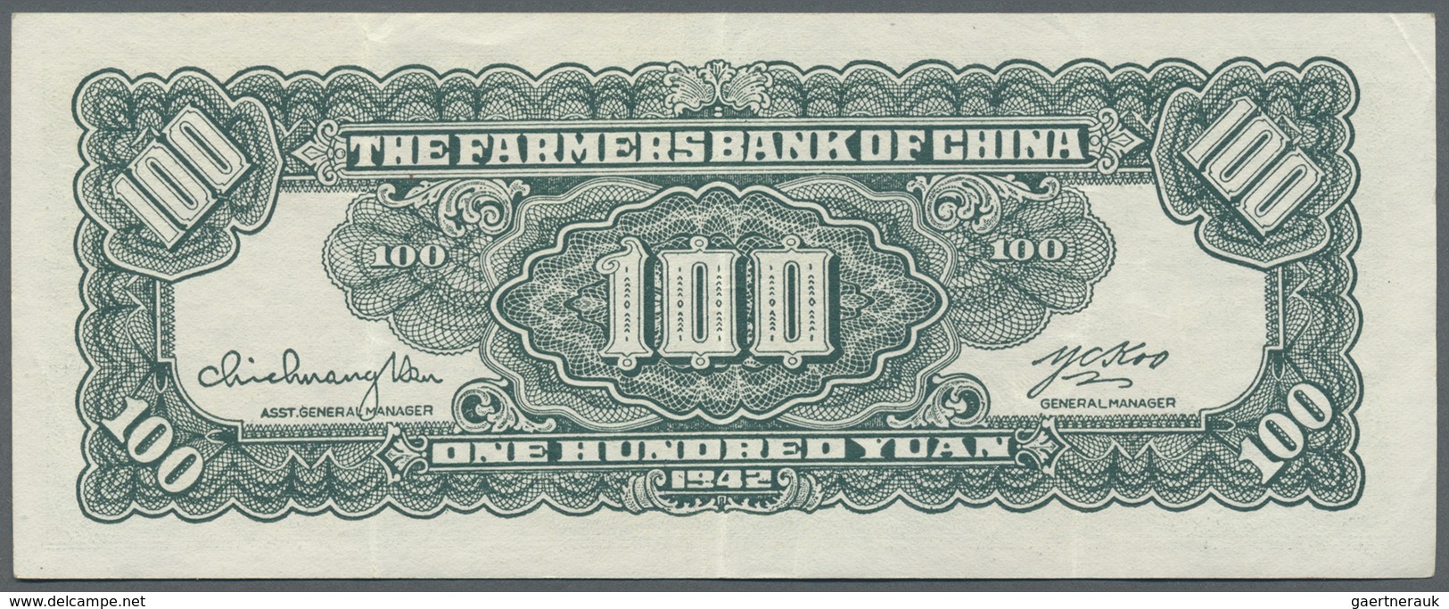 China: 100 Yuan The Farmers Bank Of China 1942 P. 480, Vertically Folded But Still Crispness In Pape - China