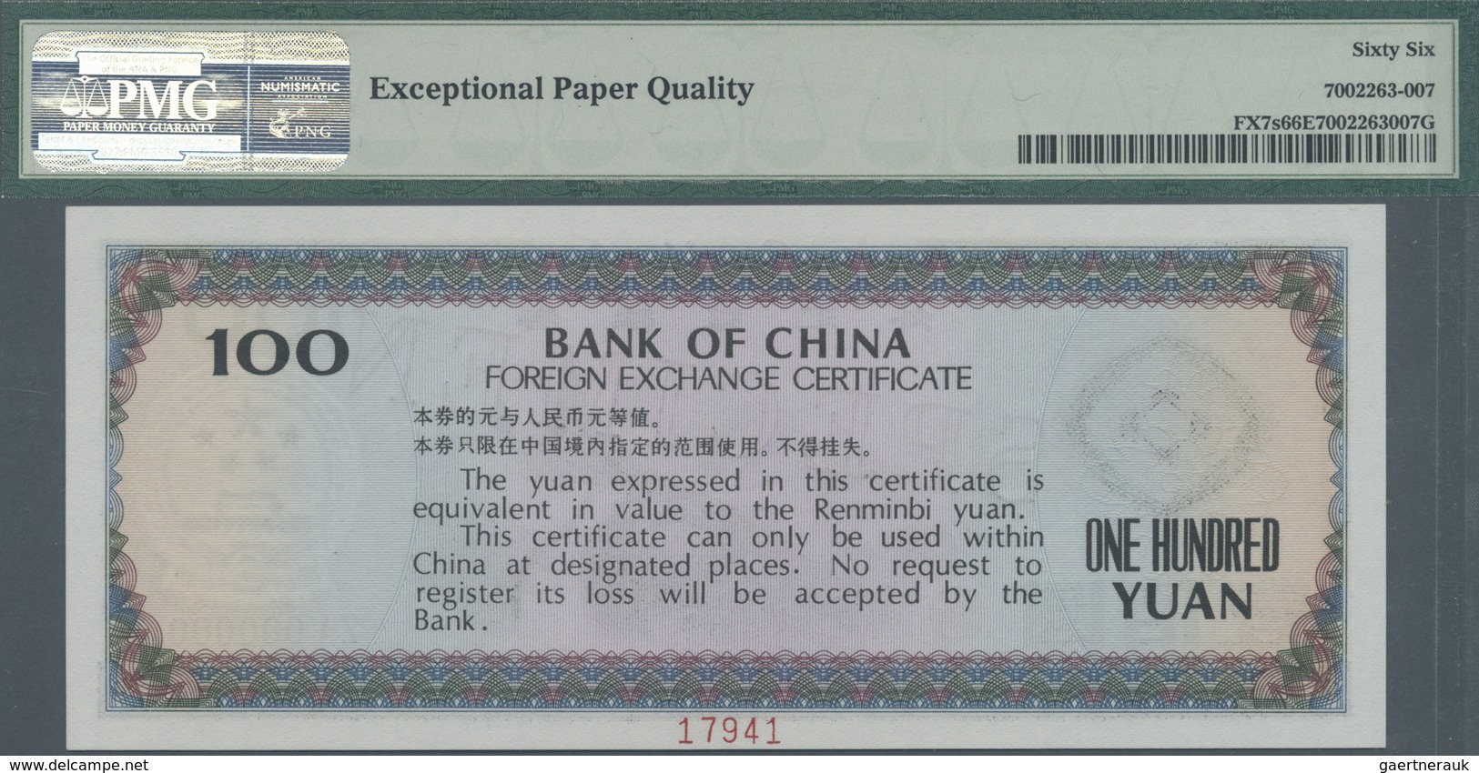 China: 100 Yuan Foreign Exchange Certificate 1979 SPECIMEN P.FX7s, PMG Graded 66 Gem Uncirculated EP - China