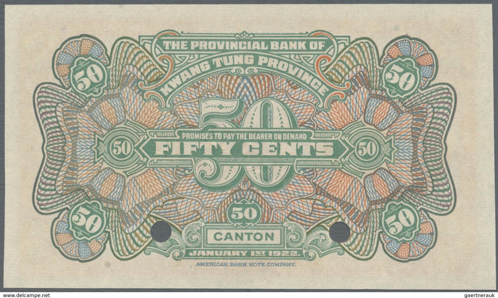 China: 50 Cents Kwangtung 1922 Specimen P. S2408s In Condition: UNC. - China