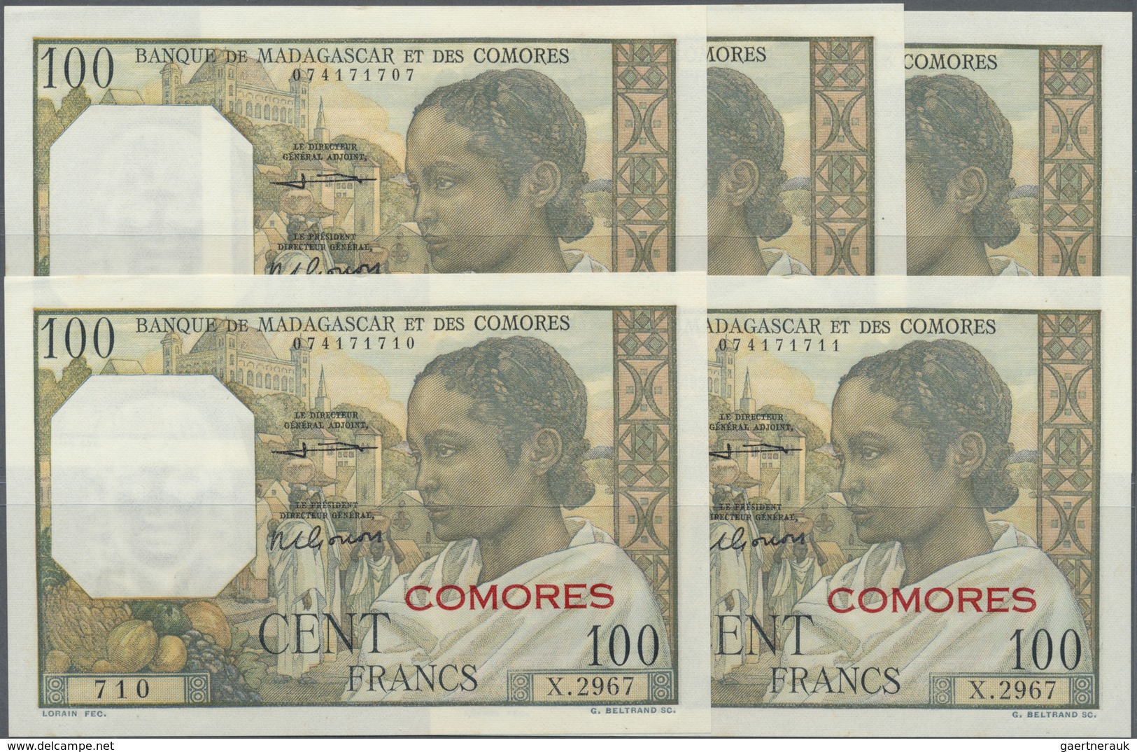 Comoros / Komoren: Set Of 5 CONSECUTIVE Pcs 100 Francs Madagascar & Comores ND P. 3b, All In Conditi - Comores