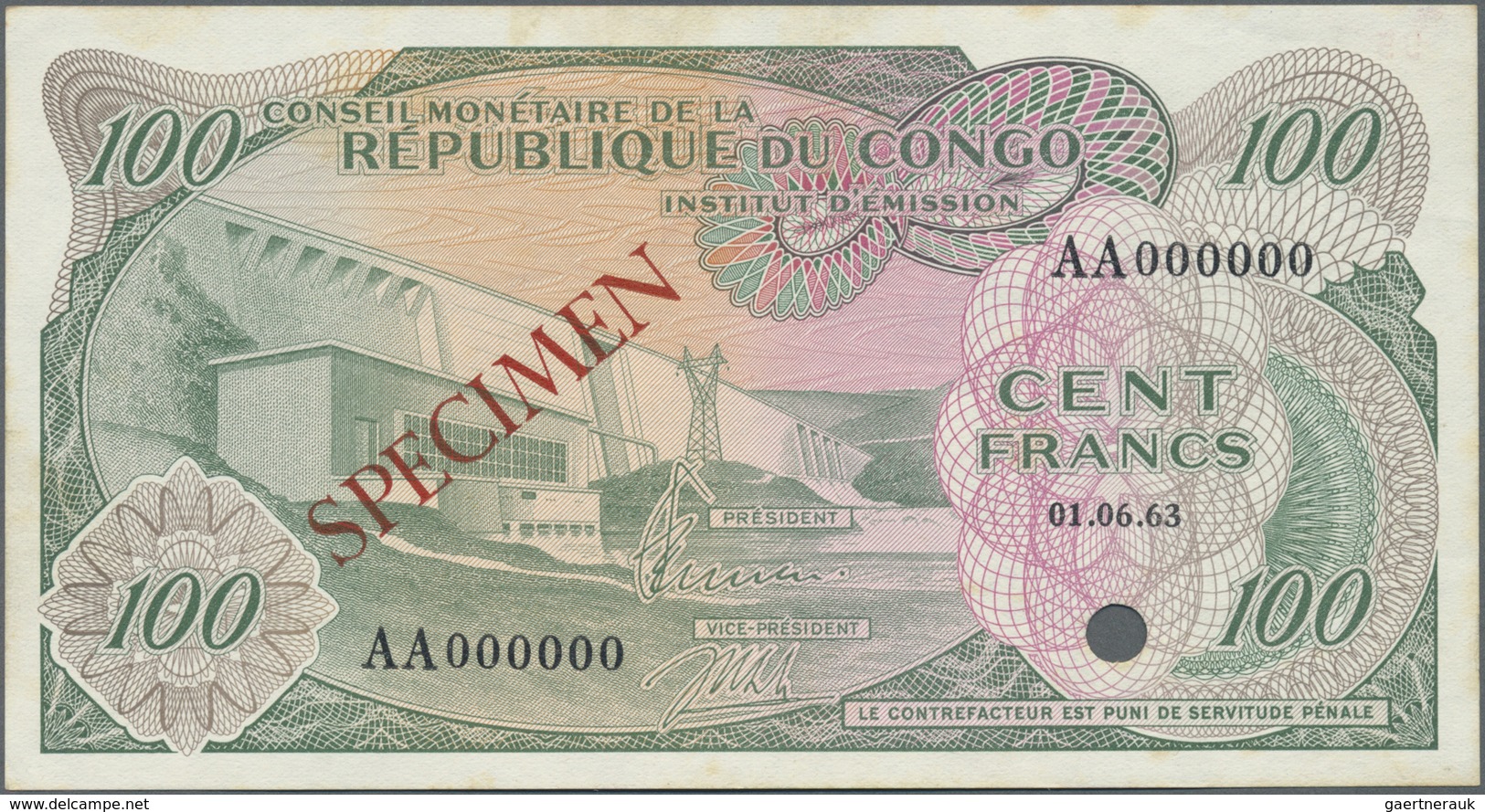 Congo / Kongo: Kinshasa 100 Francs 1963 SPECIMEN, P.1s With Punch Hole Cancellation, Some Minor Crea - Unclassified