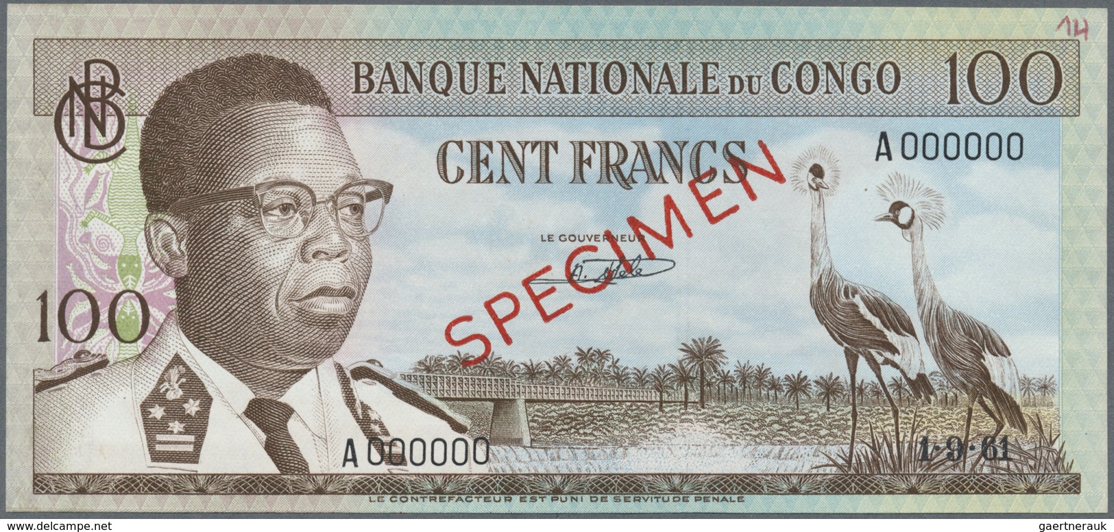 Congo / Kongo: 100 Francs 1961 SPECIMEN, P.6as In Excellent Condition, Traces Of Glue At Right Borde - Unclassified