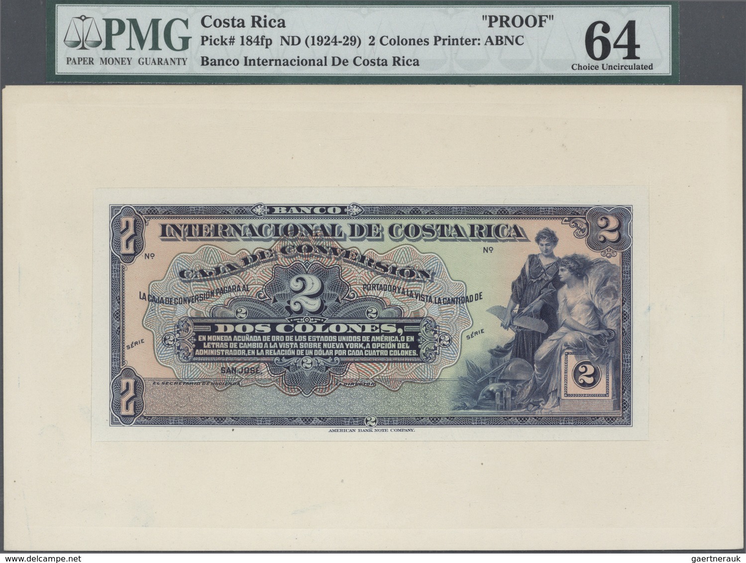 Costa Rica: Banco Internacional De Costa Rica 2 Colones ND(1924-29), Proof Of Front And Back On Card - Costa Rica