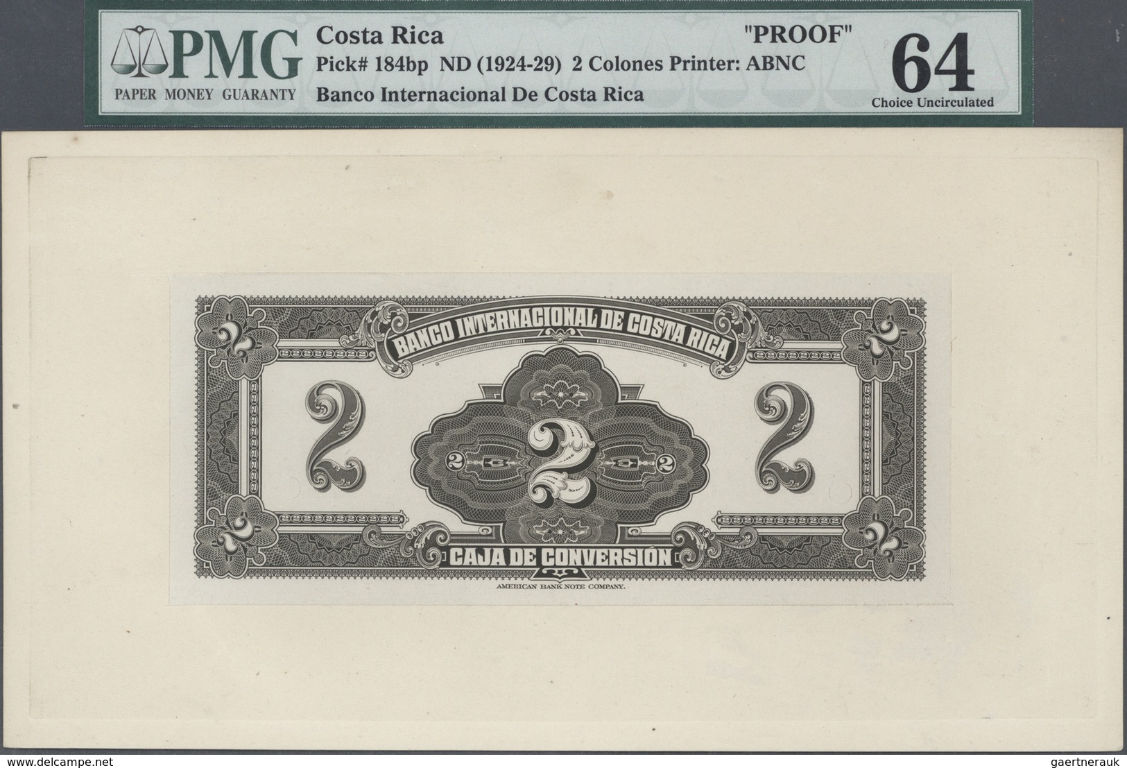 Costa Rica: Banco Internacional De Costa Rica 2 Colones ND(1924-29), Proof Of Front And Back On Card - Costa Rica