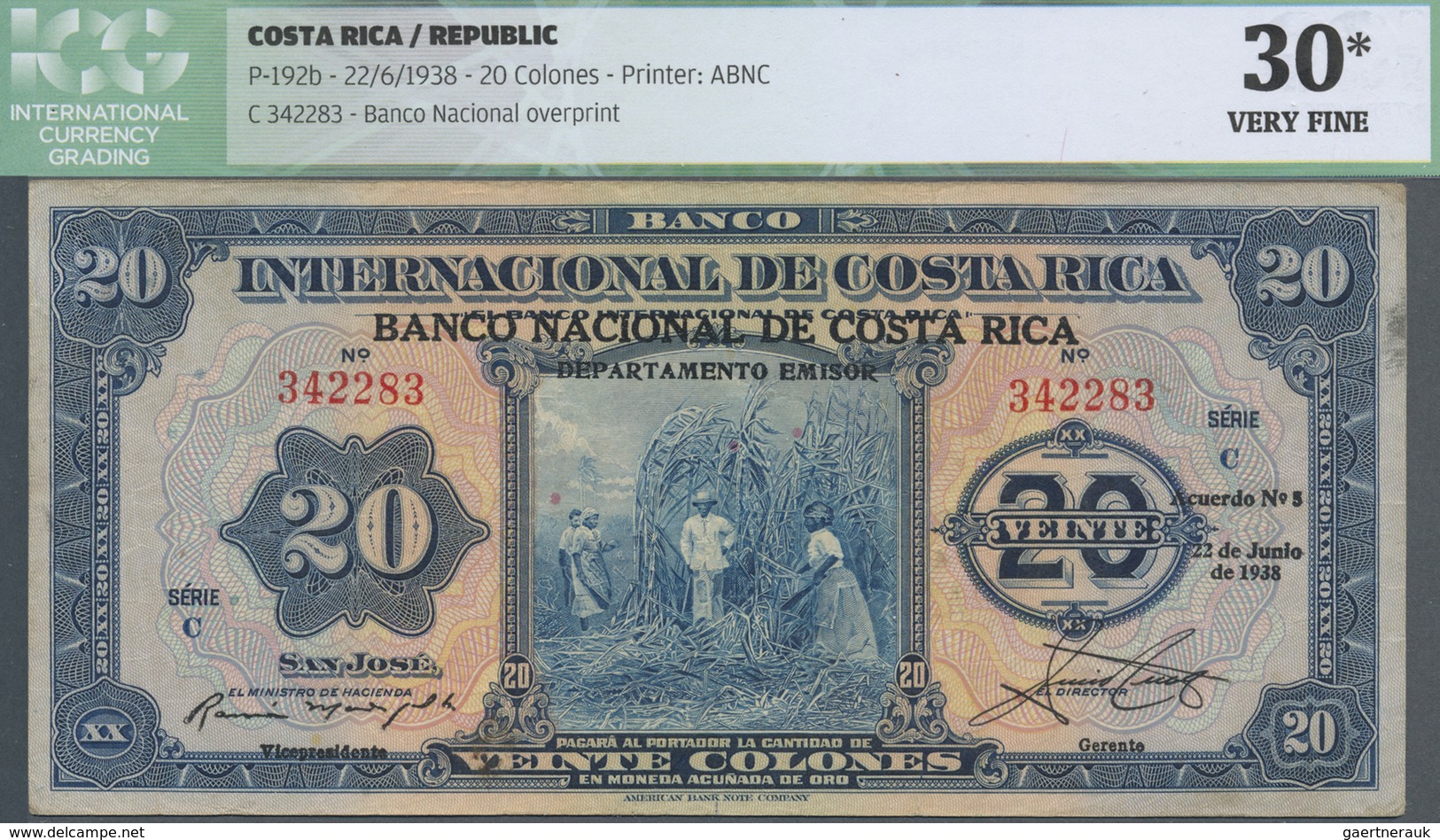Costa Rica: 20 Colones 1938 P. 192b, ICG Graded 30* VF. - Costa Rica