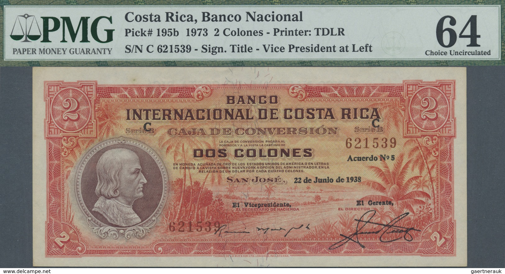 Costa Rica: 2 Colones 1973 P. 195b, PMG Graded 64 Choice UNC. - Costa Rica