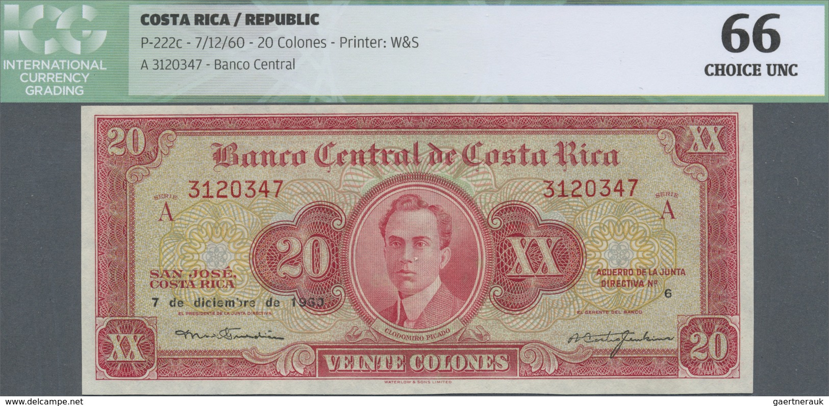 Costa Rica: 20 Colones 1960 P. 222c, ICG Graded 66 Choice UNC. - Costa Rica