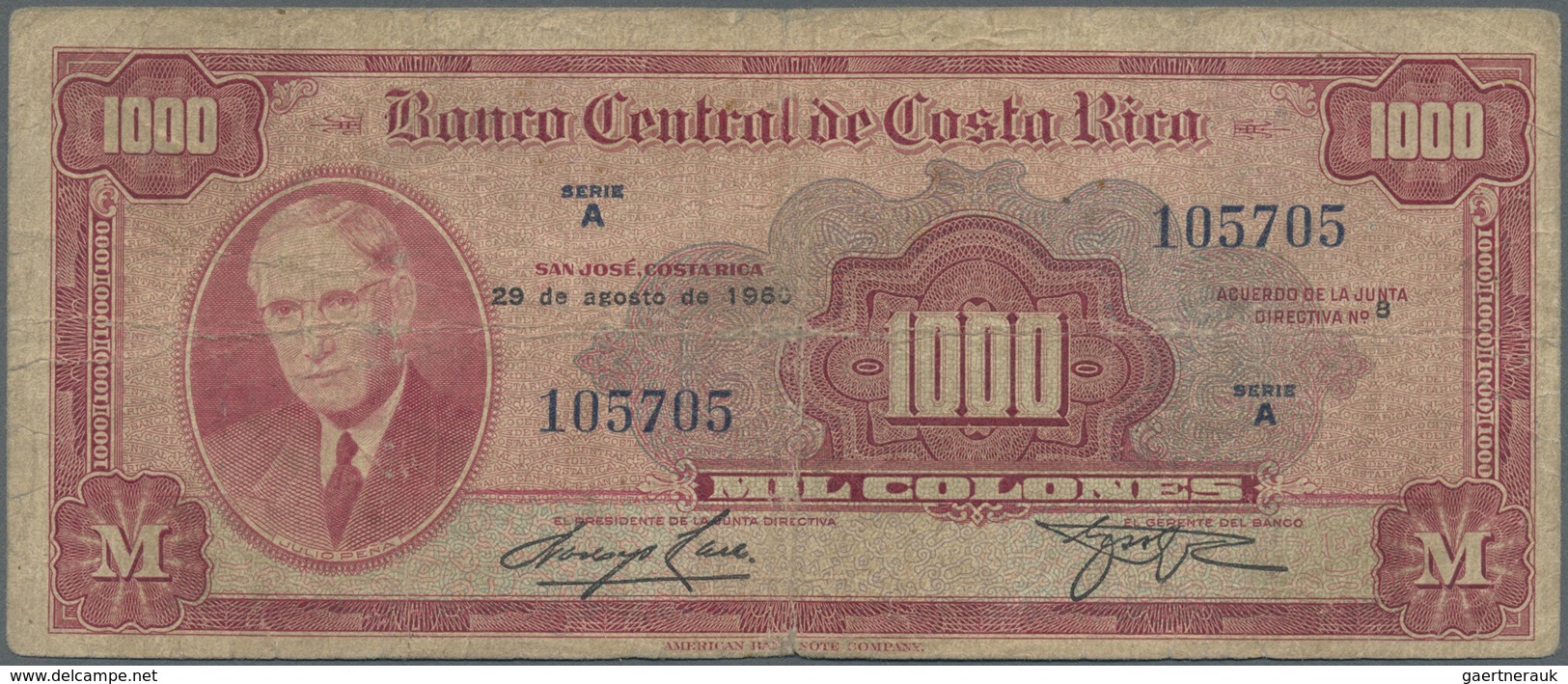 Costa Rica: Set Of 2 Notes 1000 Colones 1960 And 1974 P. 226b, C, Both Used With Folds And Creases, - Costa Rica