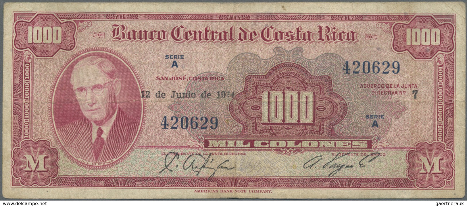 Costa Rica: Set Of 2 Notes 1000 Colones 1960 And 1974 P. 226b, C, Both Used With Folds And Creases, - Costa Rica