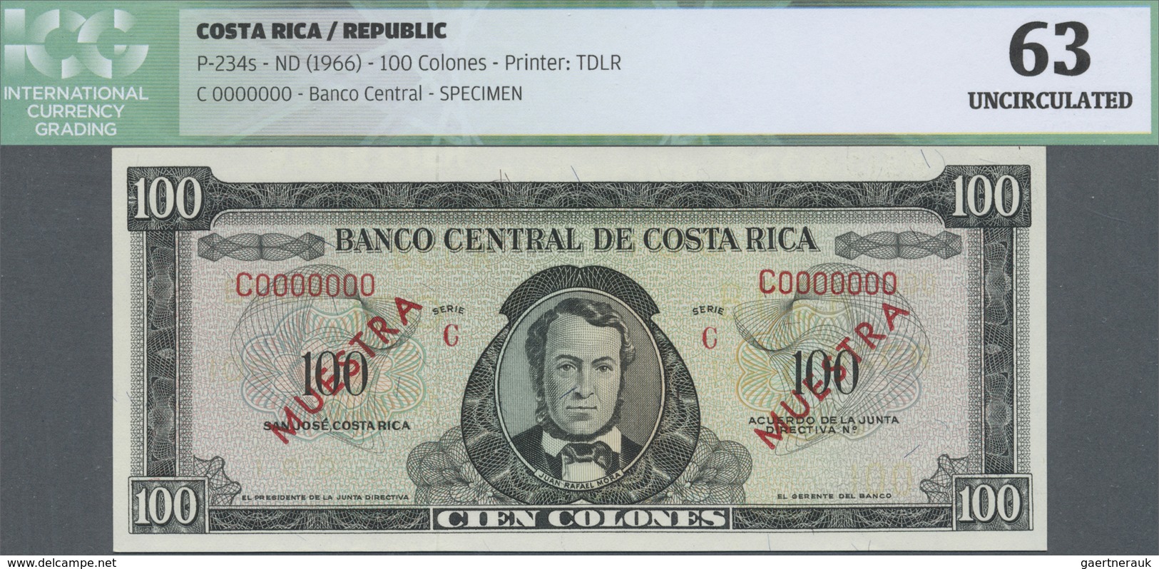 Costa Rica: 100 Colones ND(1966) Specimen P. 234s, ICG Graded 63 UNC. - Costa Rica