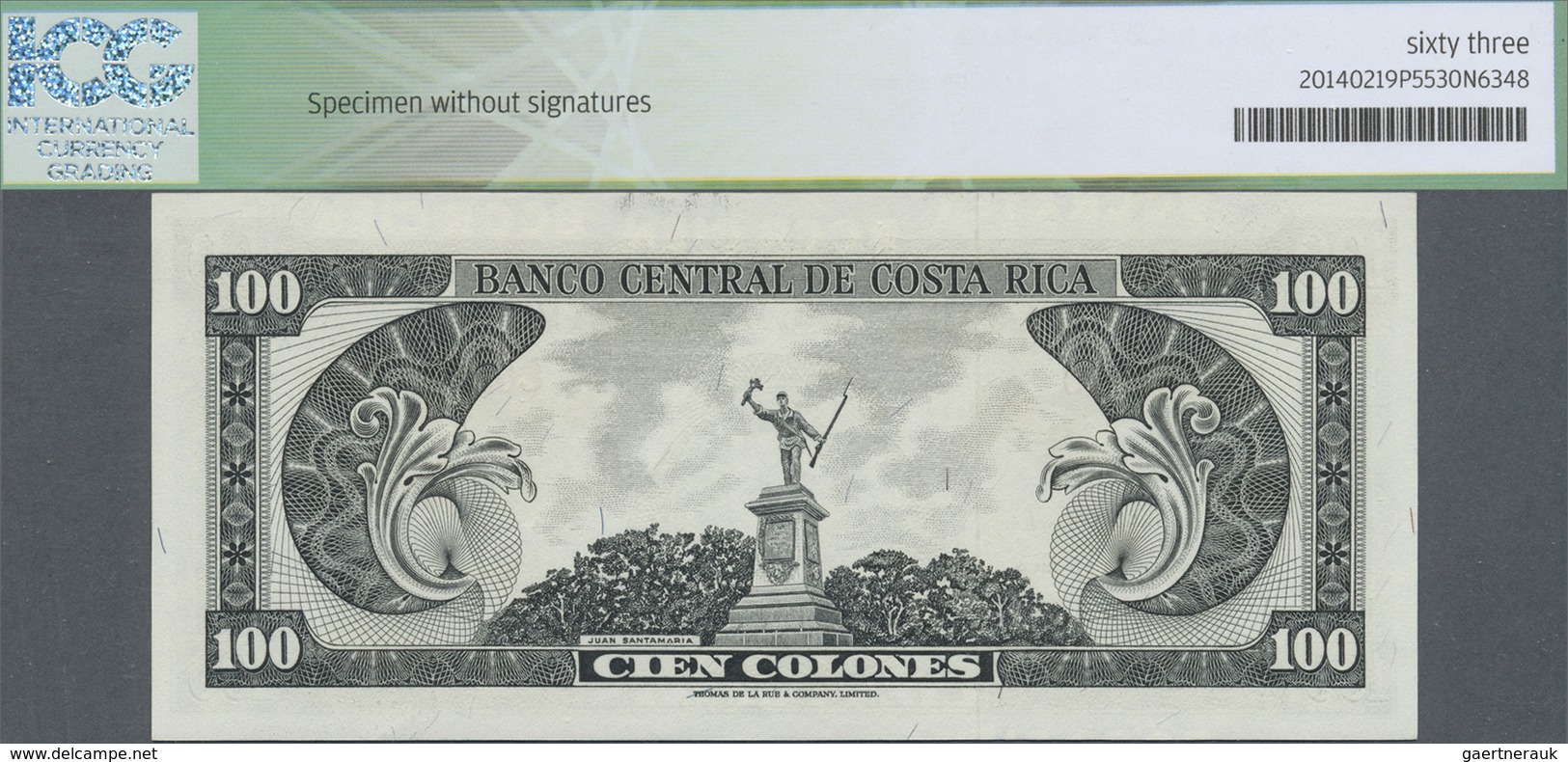 Costa Rica: 100 Colones ND(1966) Specimen P. 234s, ICG Graded 63 UNC. - Costa Rica