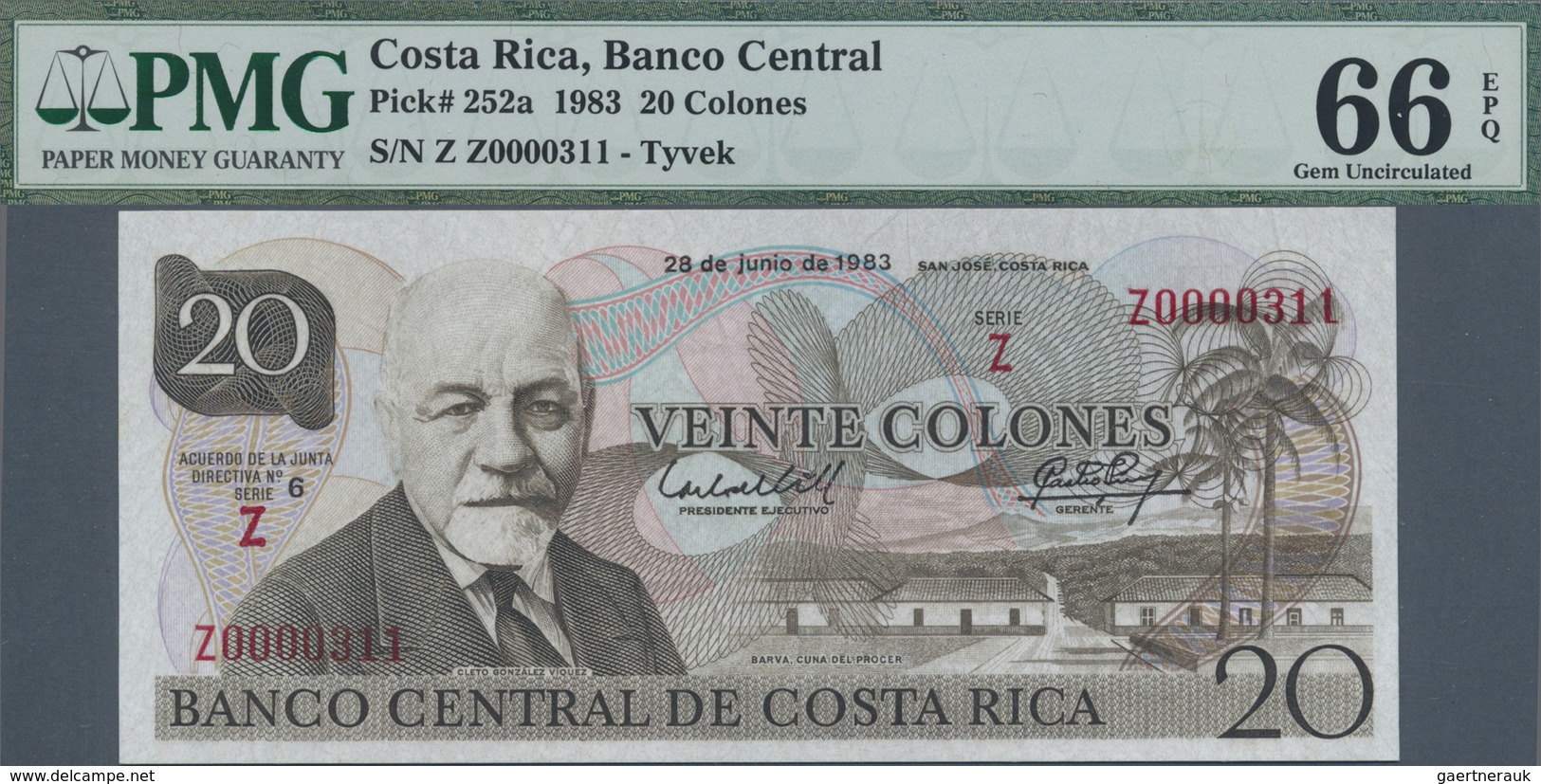 Costa Rica: 20 Colones 1983 P. 252a TYVEK Issue, Low Serial Z0000311, PMG Graded 66 GEM UNC EPQ. - Costa Rica