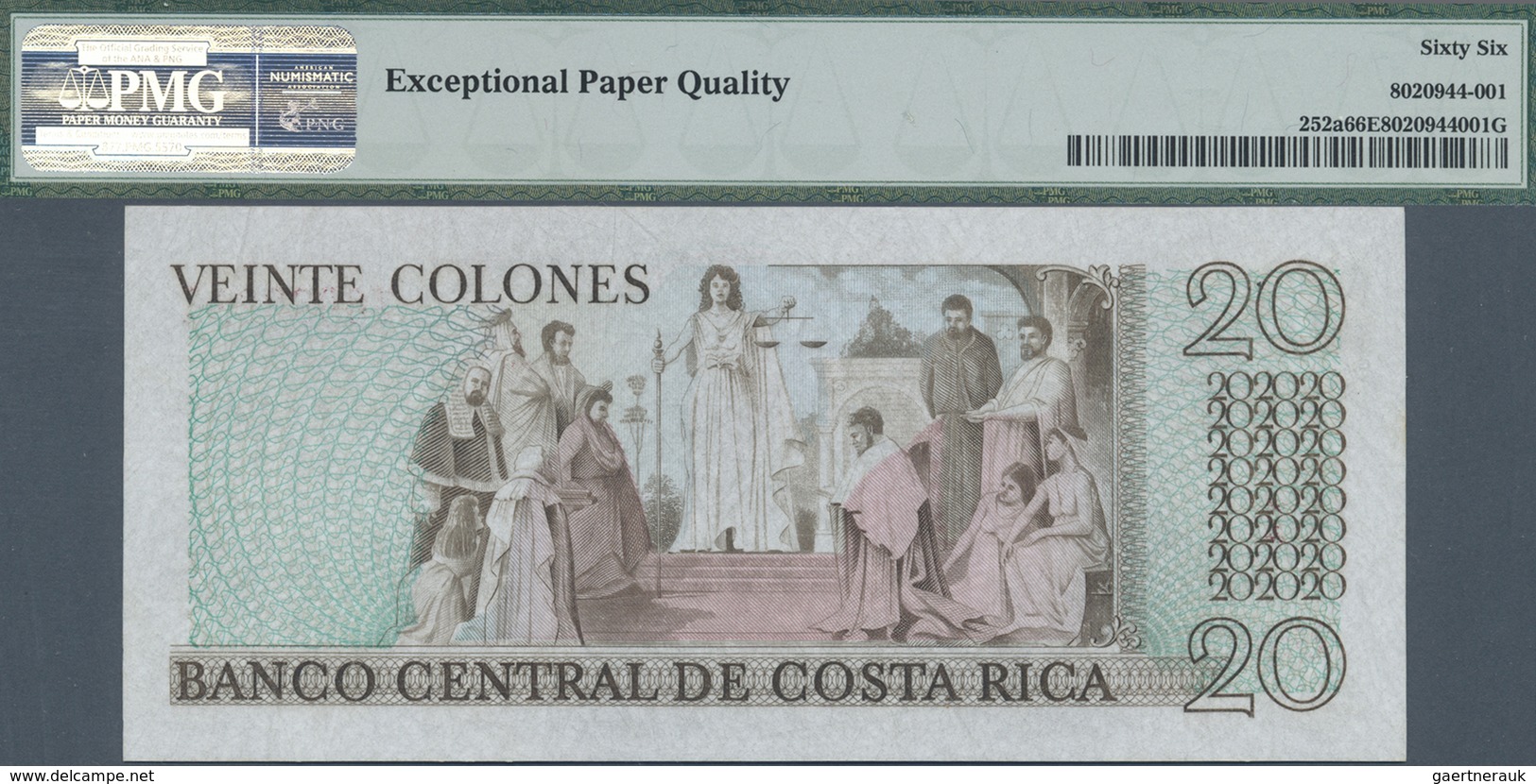 Costa Rica: 20 Colones 1983 P. 252a TYVEK Issue, Low Serial Z0000311, PMG Graded 66 GEM UNC EPQ. - Costa Rica