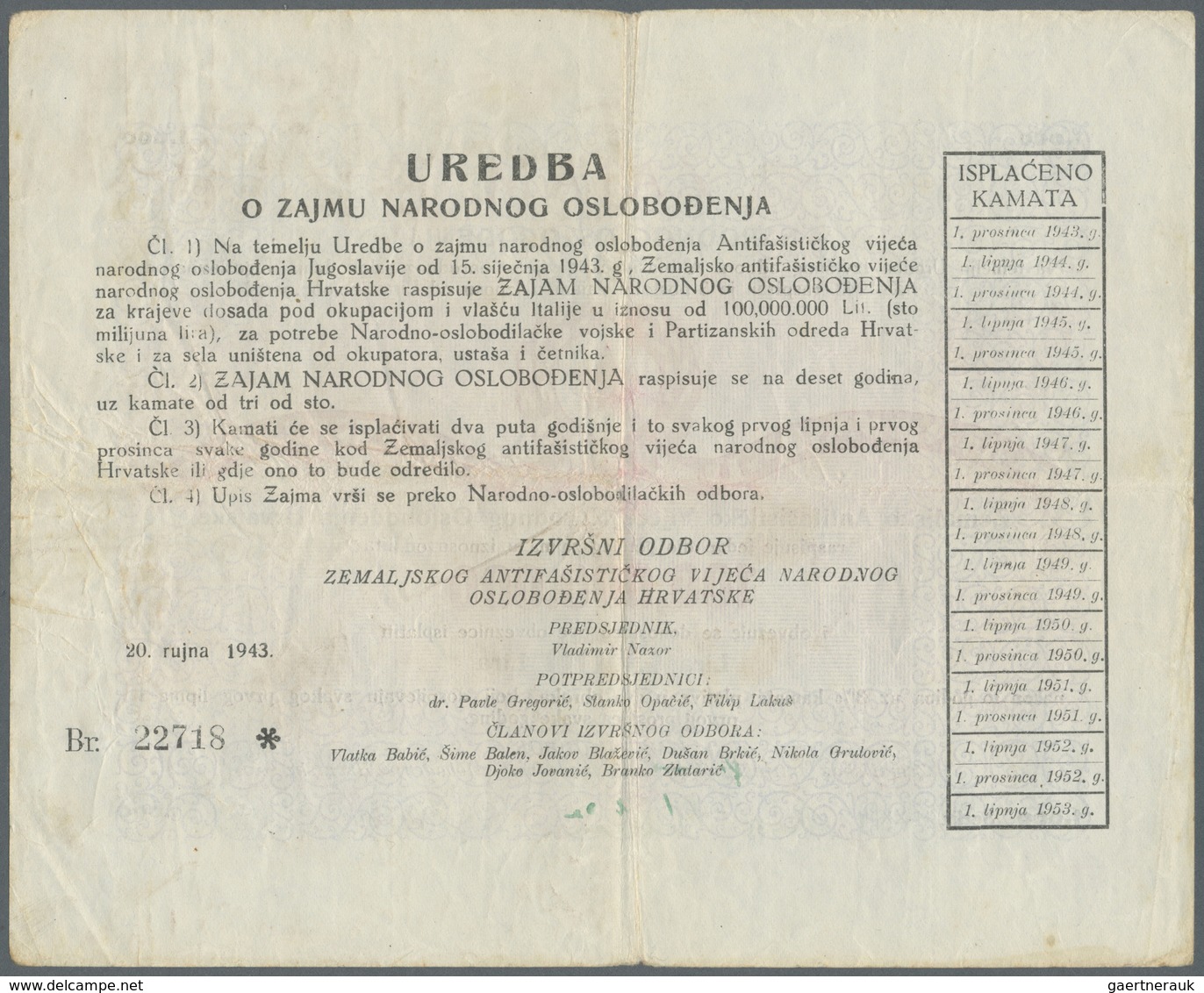 Croatia / Kroatien: 100.000.000 Lira 1943 P. S133, Used With Folds, Minor Center Hole, No Tears, Con - Croatia