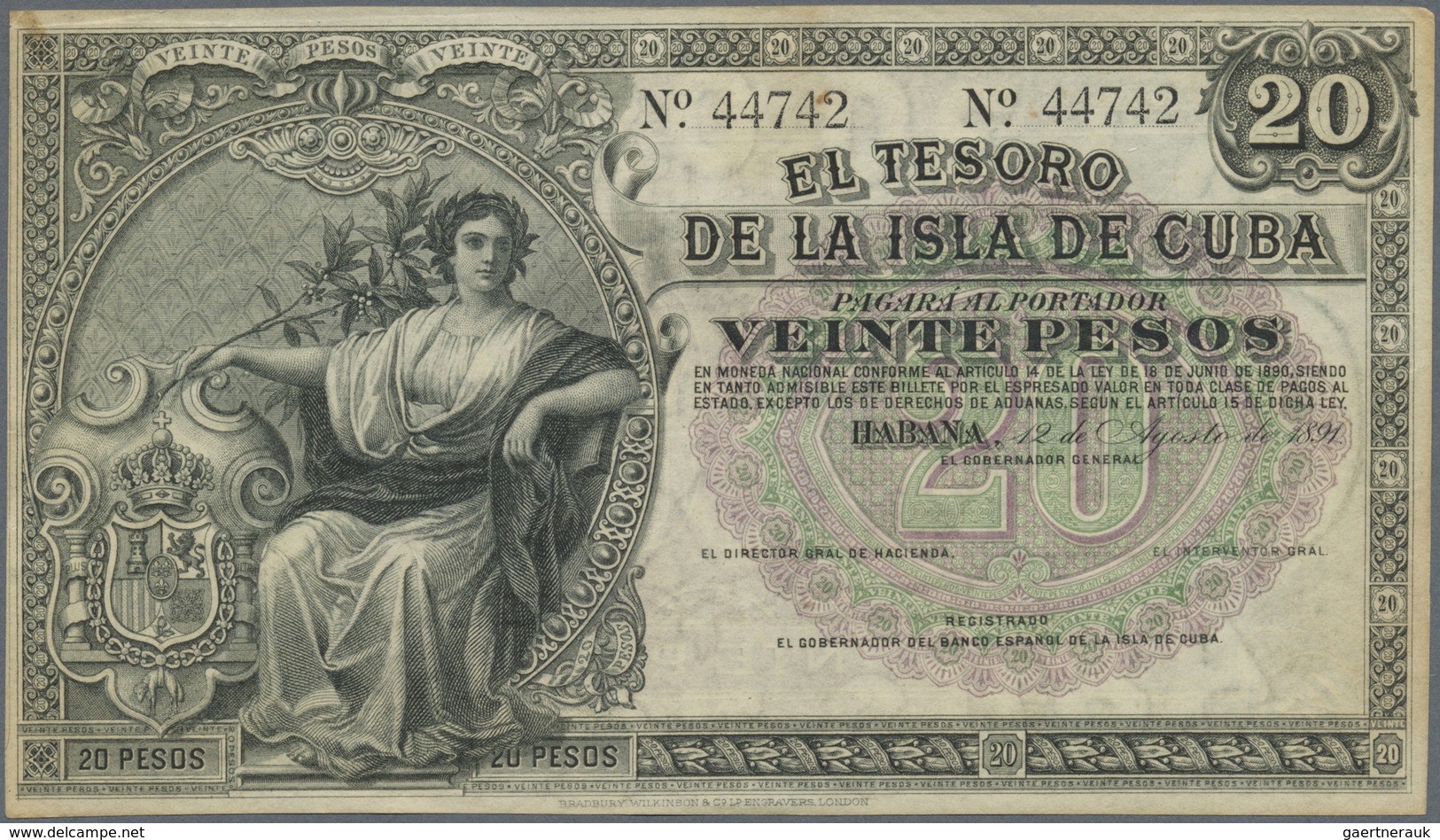 Cuba: 20 Pesos 1891 P. 41b, Unsigned Remainder, Unfolded, Crisp But Trimmed Borders, No Holes, Condi - Cuba