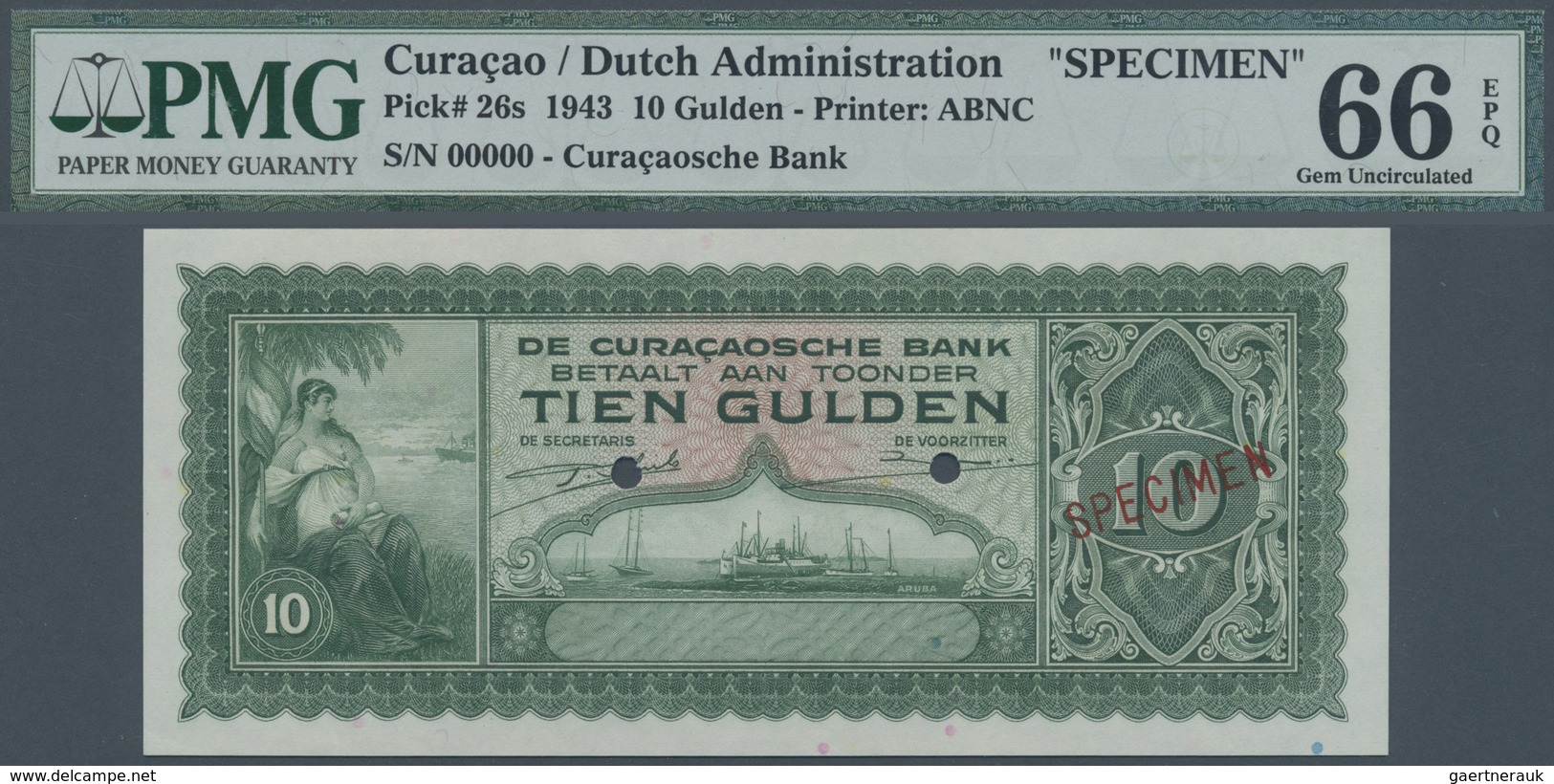 Curacao: 10 Gulden 1943 SPECIMEN, P.26s In Perfect Condoition, PMG Graded 66 Gem Uncirculated EPQ - Other - America