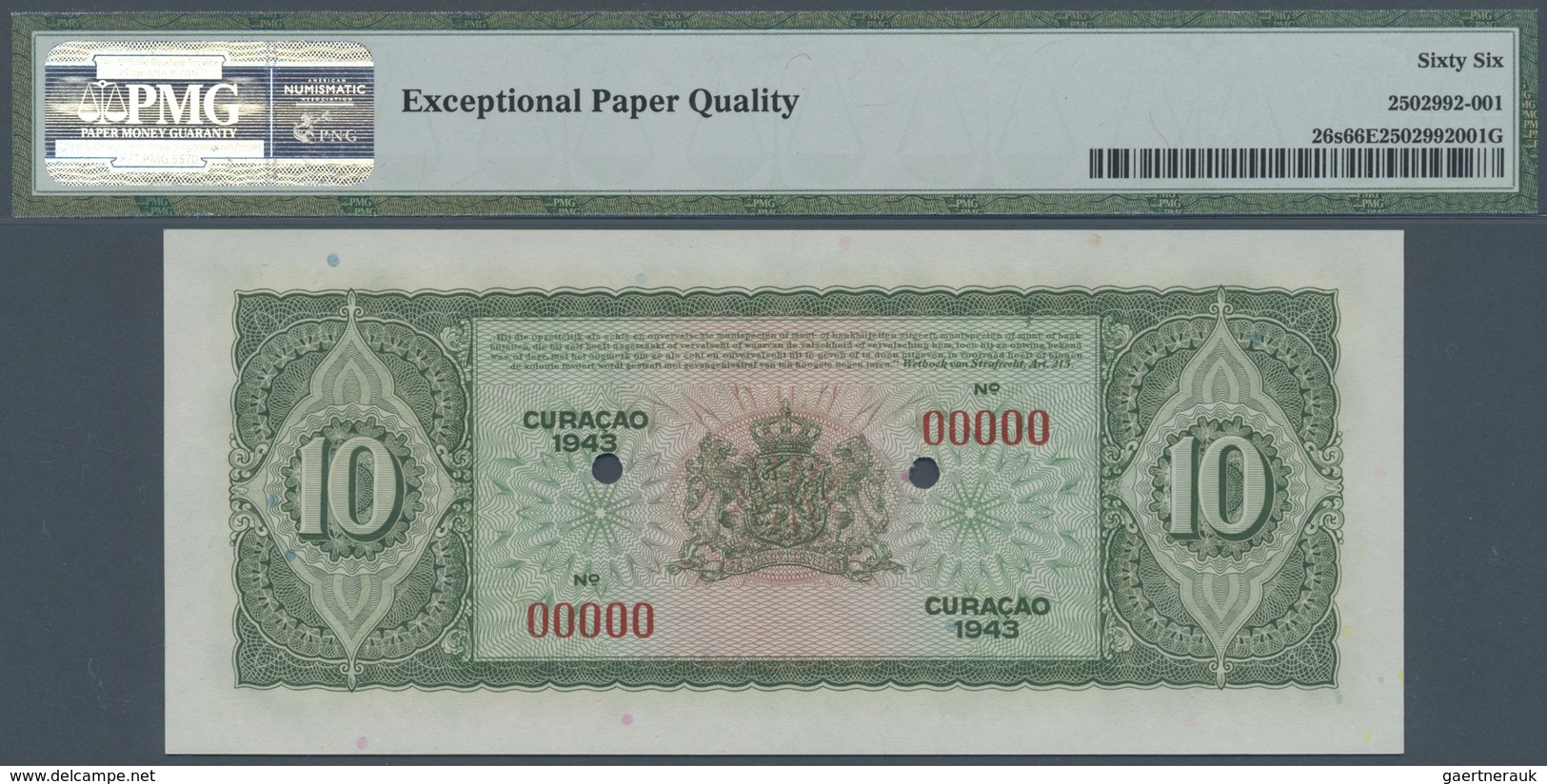 Curacao: 10 Gulden 1943 SPECIMEN, P.26s In Perfect Condoition, PMG Graded 66 Gem Uncirculated EPQ - Other - America