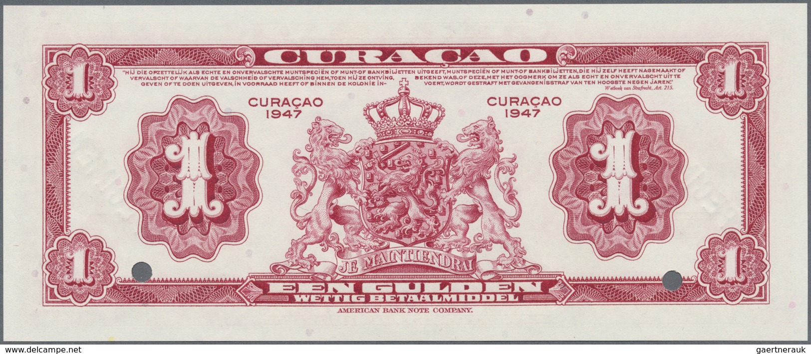 Curacao: 1 Gulden 1947 SPECIMEN, P.35bs With Punch Hole Cancellation At Lower Margin, Specimen Overp - Other - America