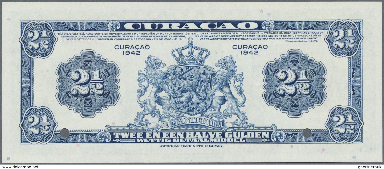Curacao: 2 1/2 Gulden 1942 SPECIMEN, P.36s In Perfect UNC Condition - Other - America