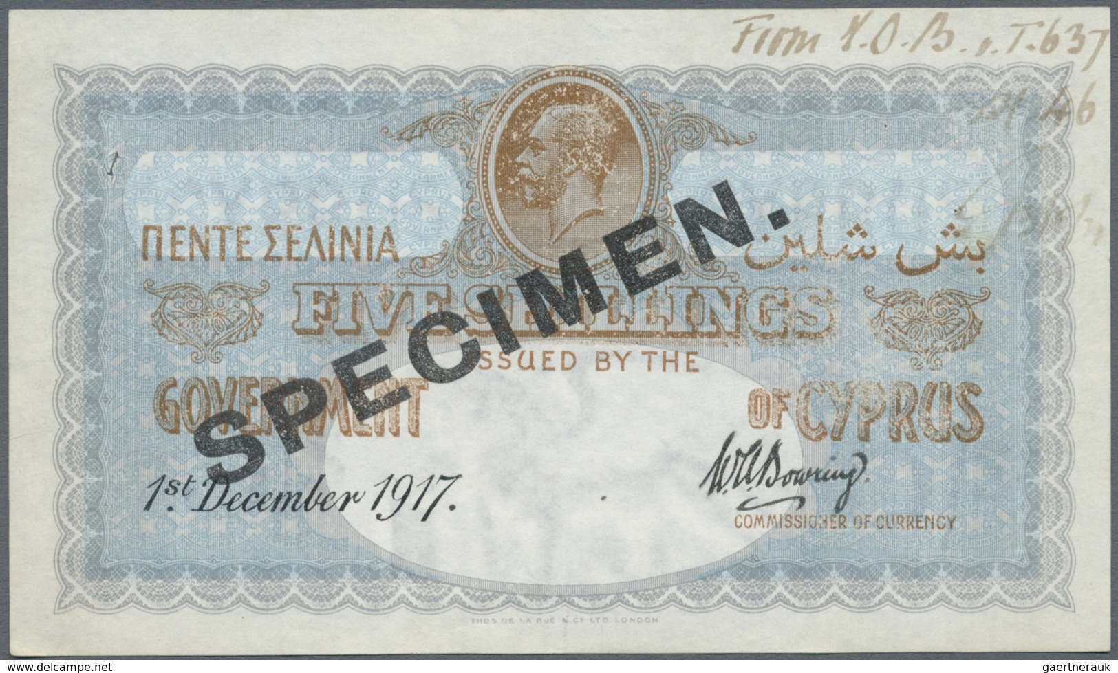 Cyprus / Zypern: 5 Shillings 1917 Specimen, P.7s, Small Hole At Upper Left, Pinholes At Upper Right, - Cyprus