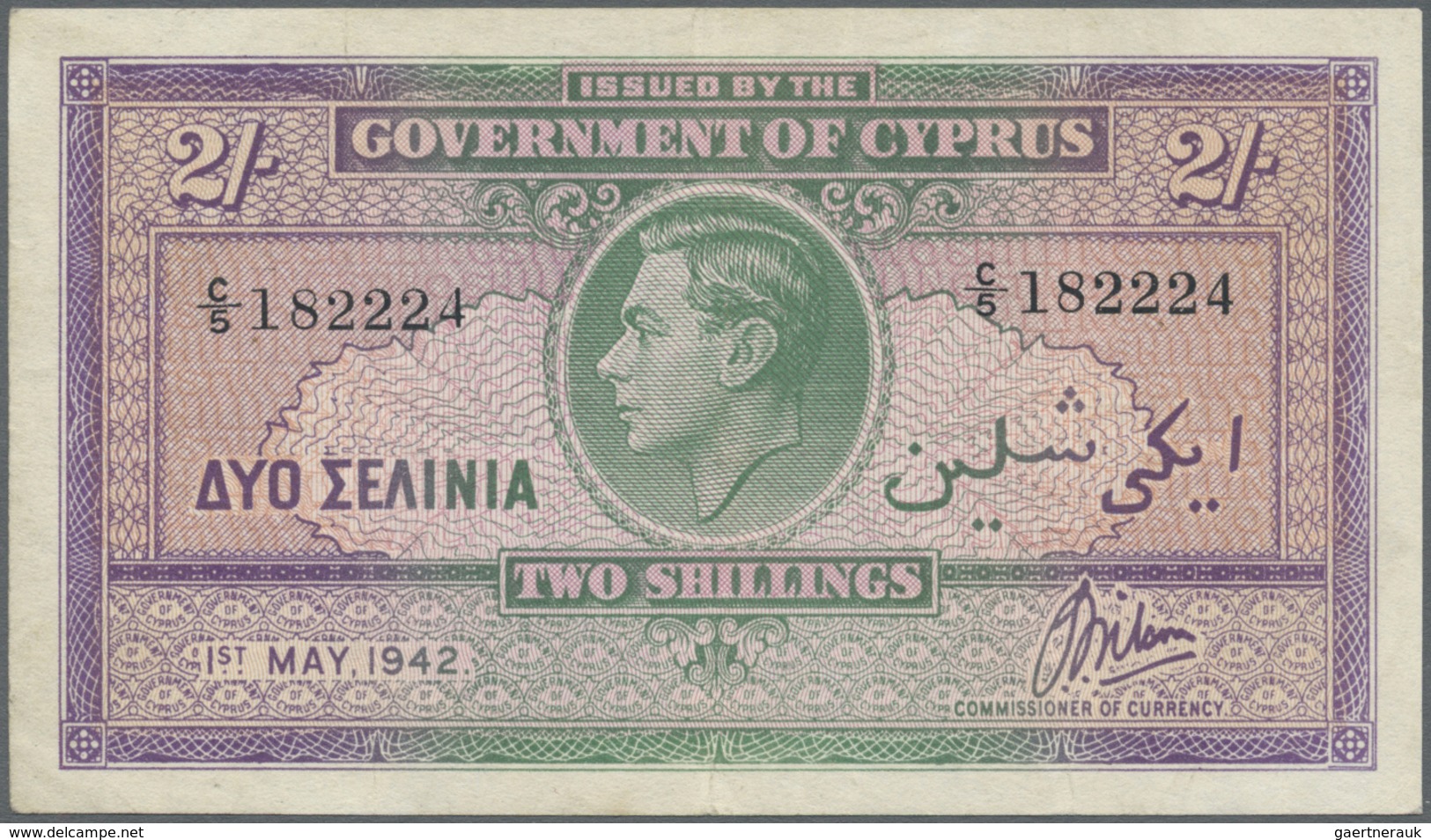 Cyprus / Zypern: 2 Shillings 1942 P. 21, Light Folds In Paper, Probably Dry Pressed But Still Crispn - Cyprus