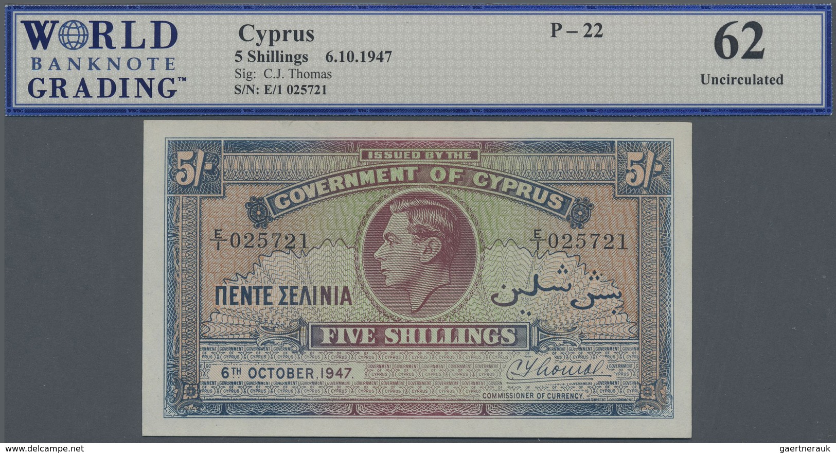 Cyprus / Zypern: 5 Shillings 1947, P.22 In Almost Perfect Condition With A Tiny Dint At Lower Left, - Cipro
