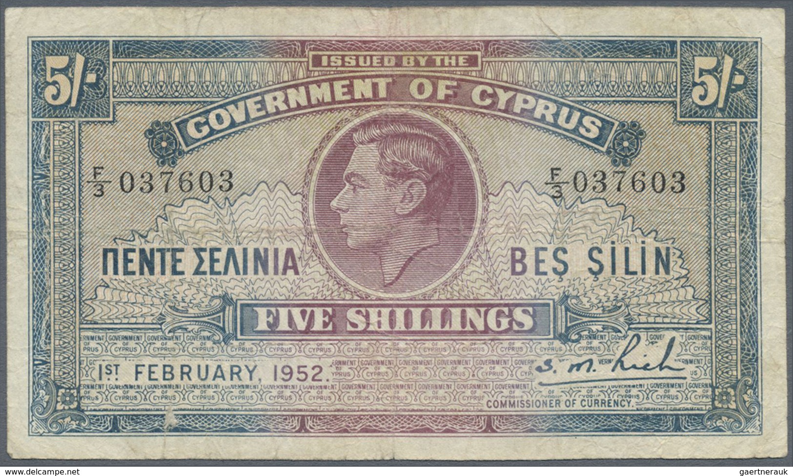 Cyprus / Zypern: 5 Shillings February 1st 1952, P.29, Lightly Toned Paper With Several Folds, Small - Cyprus