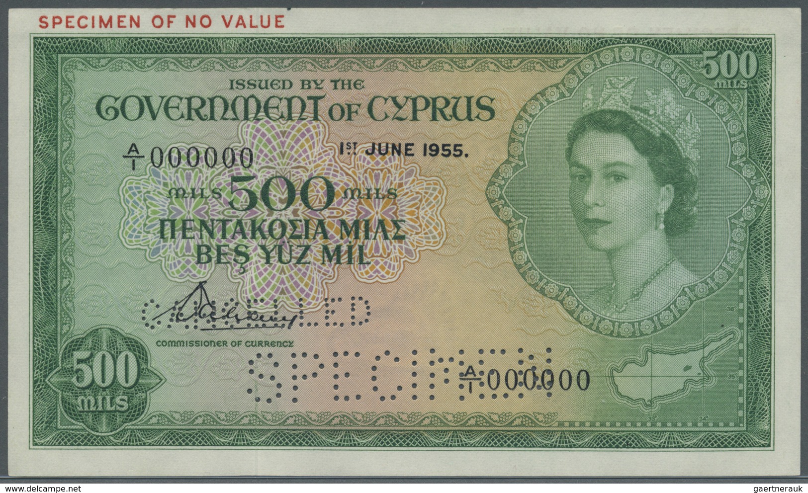 Cyprus / Zypern: 500 Mil 1955 SPECIMEN, P.34as With A Tiny Dint At Upper Right Corner, Otherwise Per - Cipro