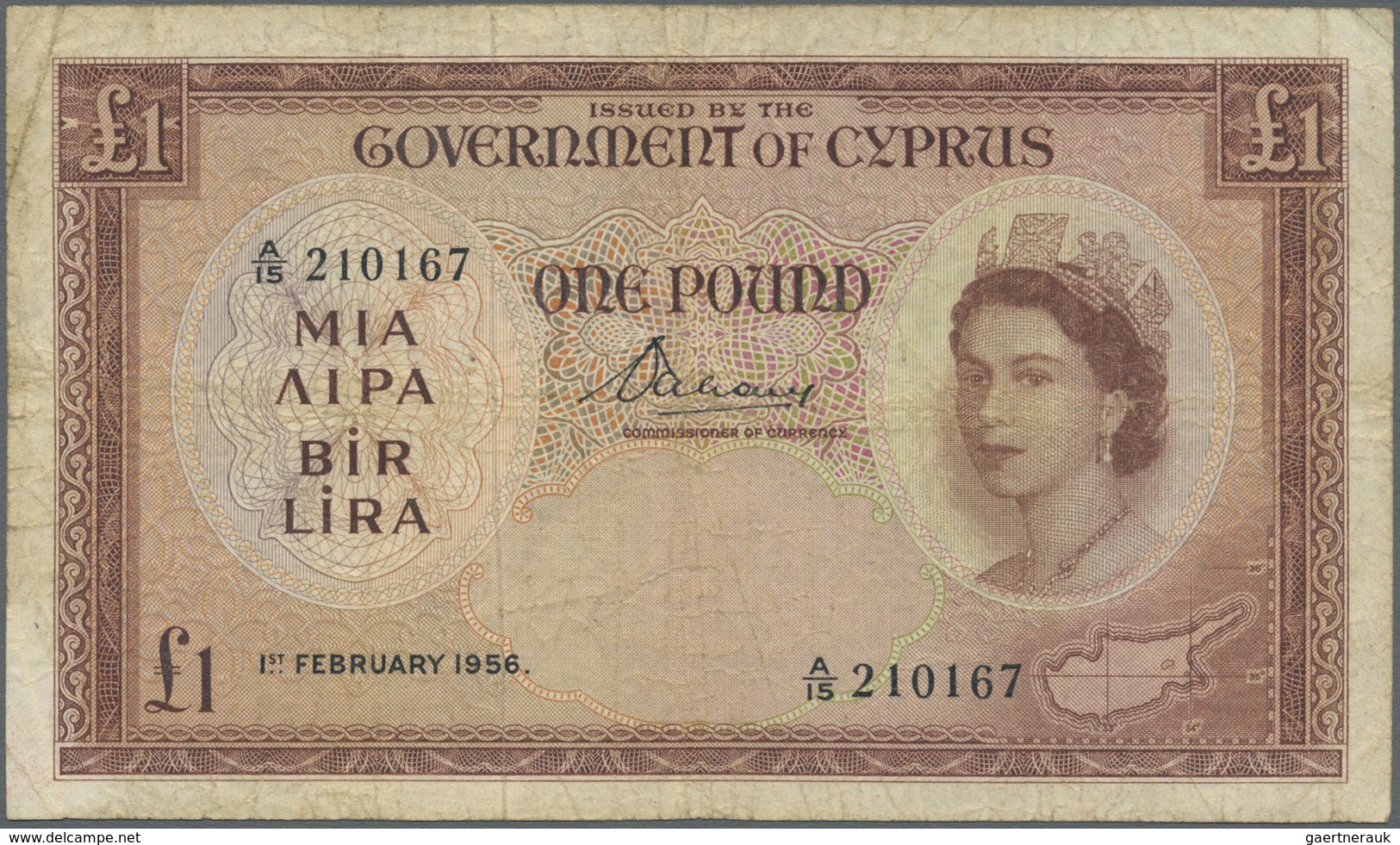 Cyprus / Zypern: 1 Pound 1956 P. 35 In Used Condition With Folds And Creases, Stained Paper, Minor B - Cyprus