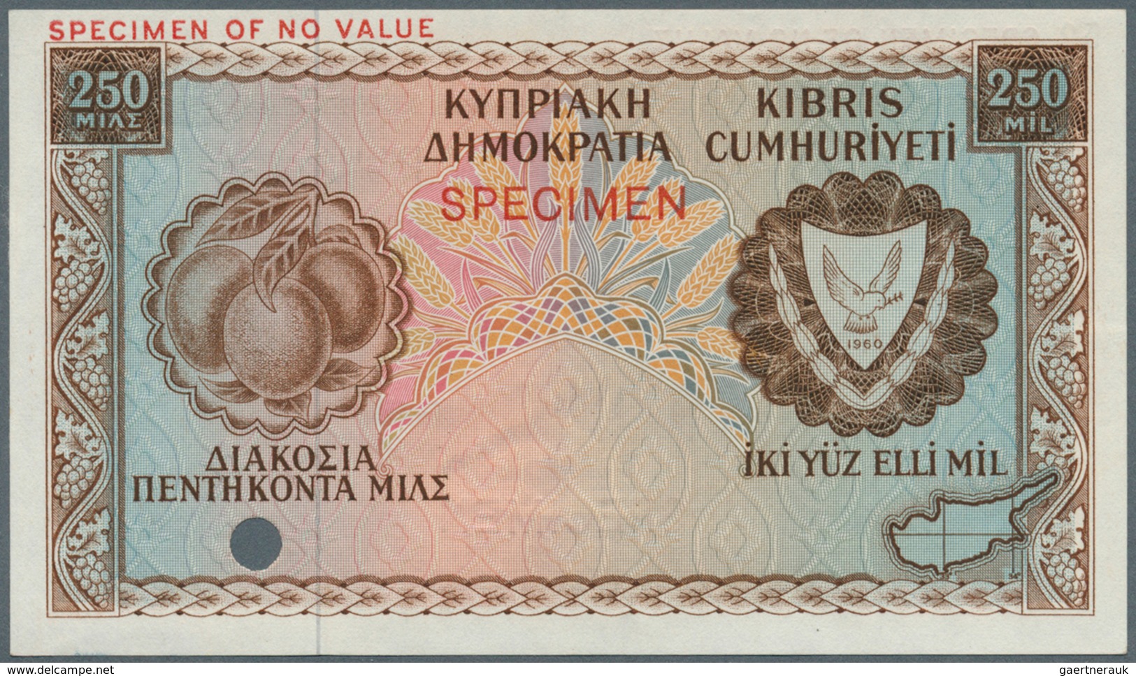 Cyprus / Zypern: 250 Mils Color Trial Specimen, P.37cts, Traces Of Glue At Right Border On Back, Ver - Cyprus
