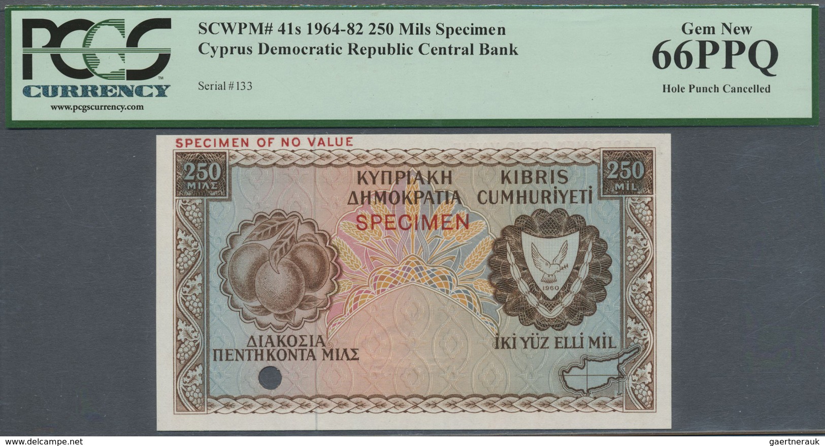 Cyprus / Zypern: 250 Mil 1964-82 SPECIMEN, P.41s, PCGS Graded 66 Gem New PPQ - Chypre