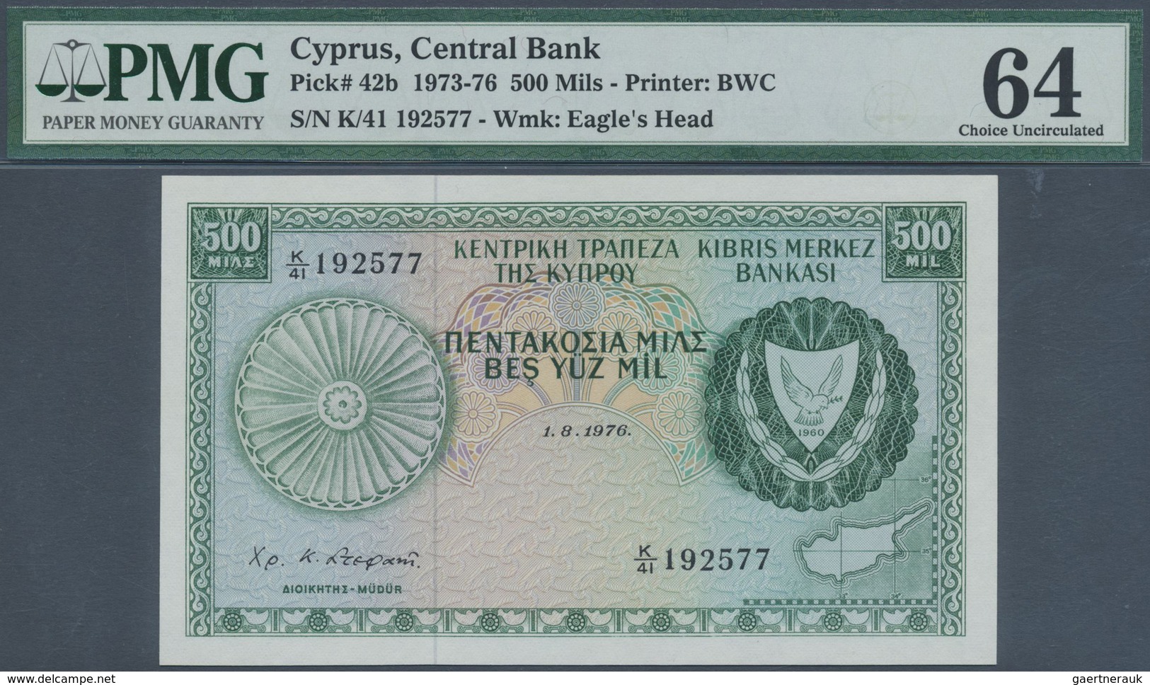 Cyprus / Zypern: 500 Mil August 1st 1976, P.42b In Perfect Condition, PMG Graded 64 Choice Uncircula - Cyprus