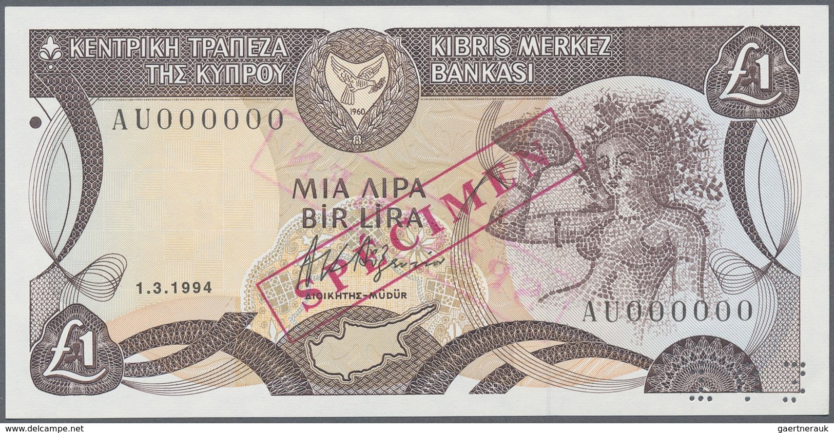 Cyprus / Zypern: 1 Lira 1994 Specimen P. 53cs With Zero Serial Numbers And Red Specimen Overprint In - Cyprus