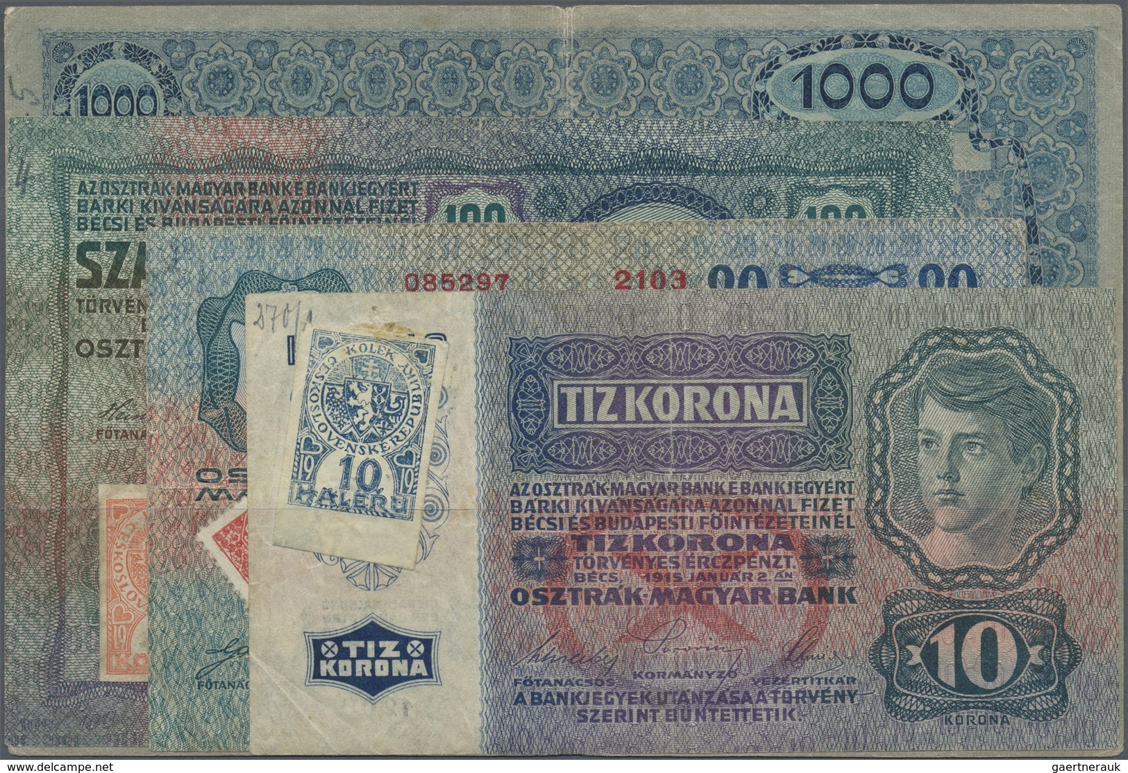 Czechoslovakia / Tschechoslowakei: Set With 4 Banknotes 10, 20, 100 And 1000 Korun 1919 Austro-Hunga - Czechoslovakia