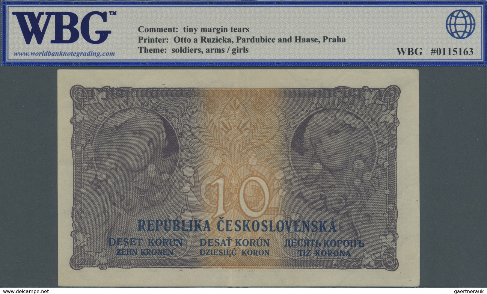 Czechoslovakia / Tschechoslowakei: 10 Korun 1919 P. 8b, Graded By World Banknote Grading As 53 AUNC. - Czechoslovakia