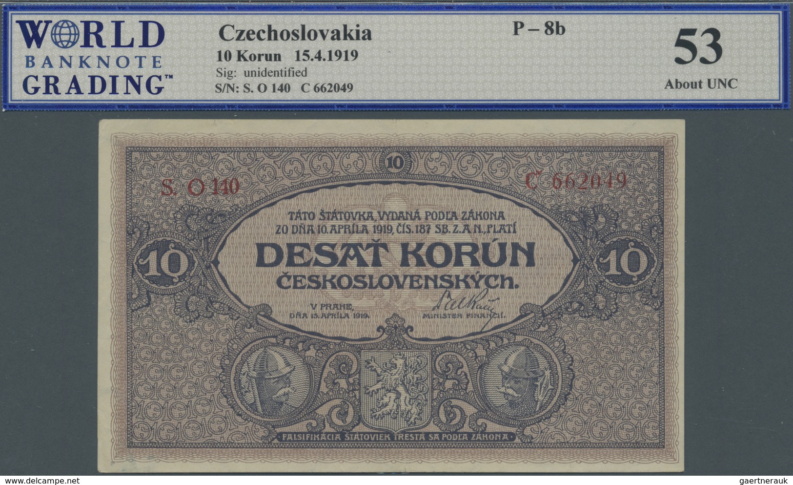 Czechoslovakia / Tschechoslowakei: 10 Korun 1919 P. 8b, Graded By World Banknote Grading As 53 AUNC. - Czechoslovakia