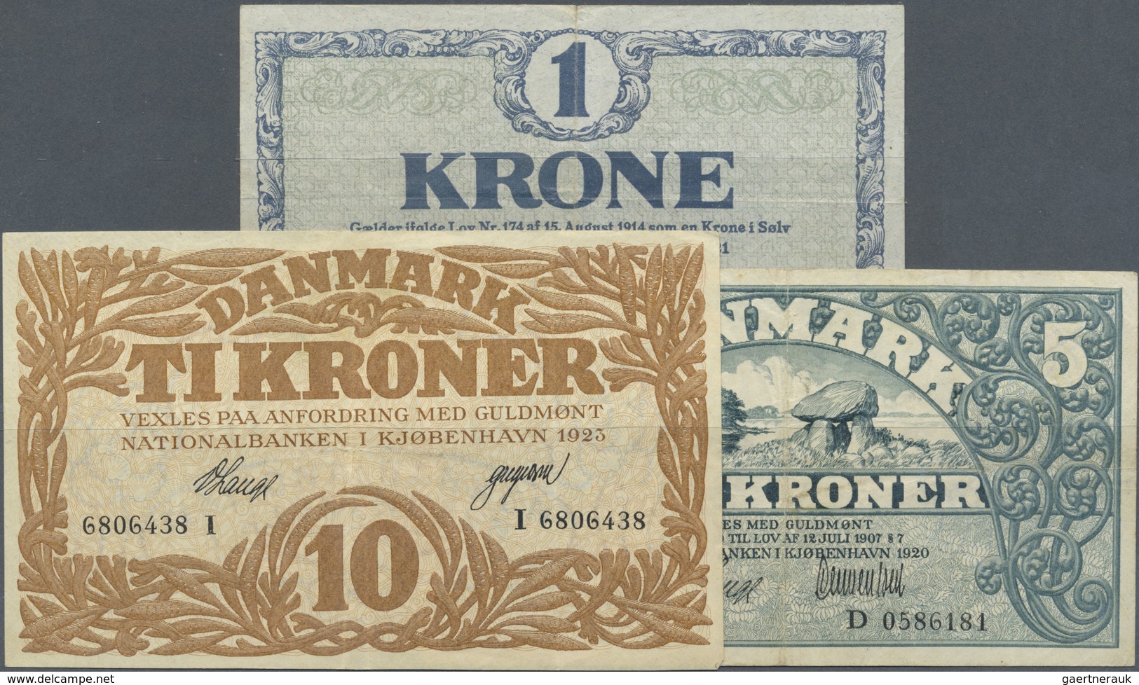 Denmark  / Dänemark: Set With 3 Notes Containing 1 Krone 1921 P. 12f  (VF-), 5 Kroner 1920 P. 20h (F - Denmark