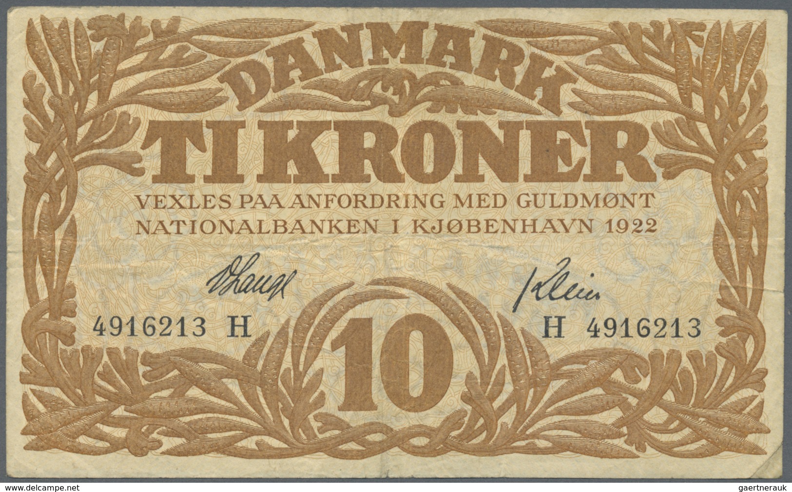 Denmark  / Dänemark: 10 Kroner 1922 P. 21n, Rarer Early Date With Vertical And Horizontal Folds, No - Denmark