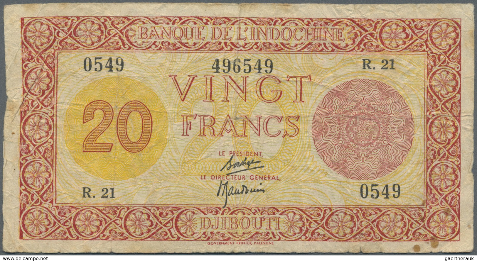 Djibouti / Dschibuti: 20 Francs ND(1945) P. 15, Palestine Print, Several Folds And Creases In Paper, - Djibouti
