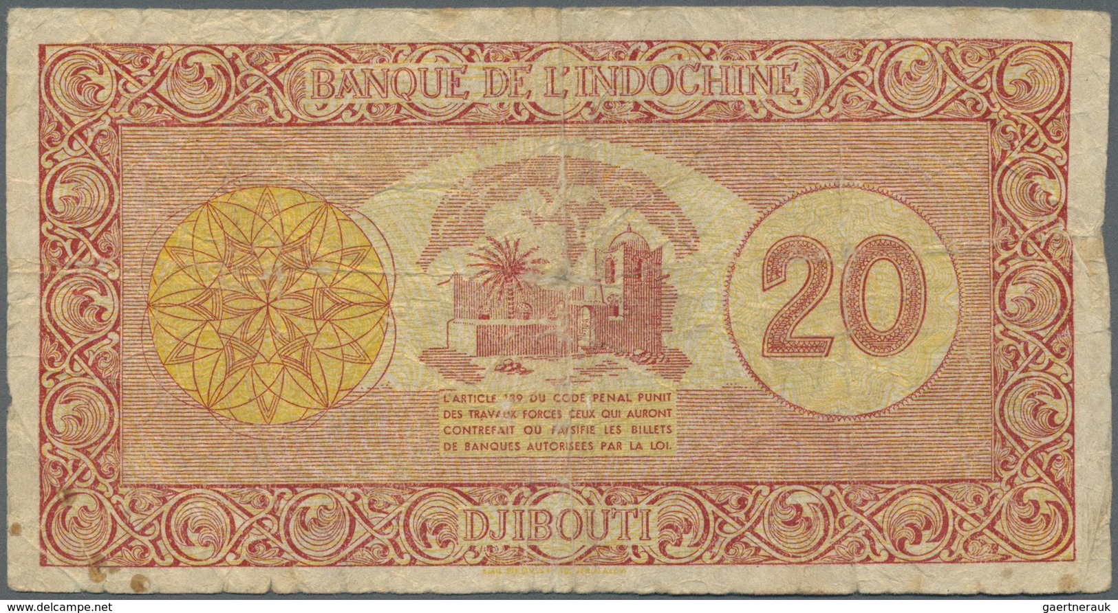 Djibouti / Dschibuti: 20 Francs ND(1945) P. 15, Palestine Print, Several Folds And Creases In Paper, - Dschibuti